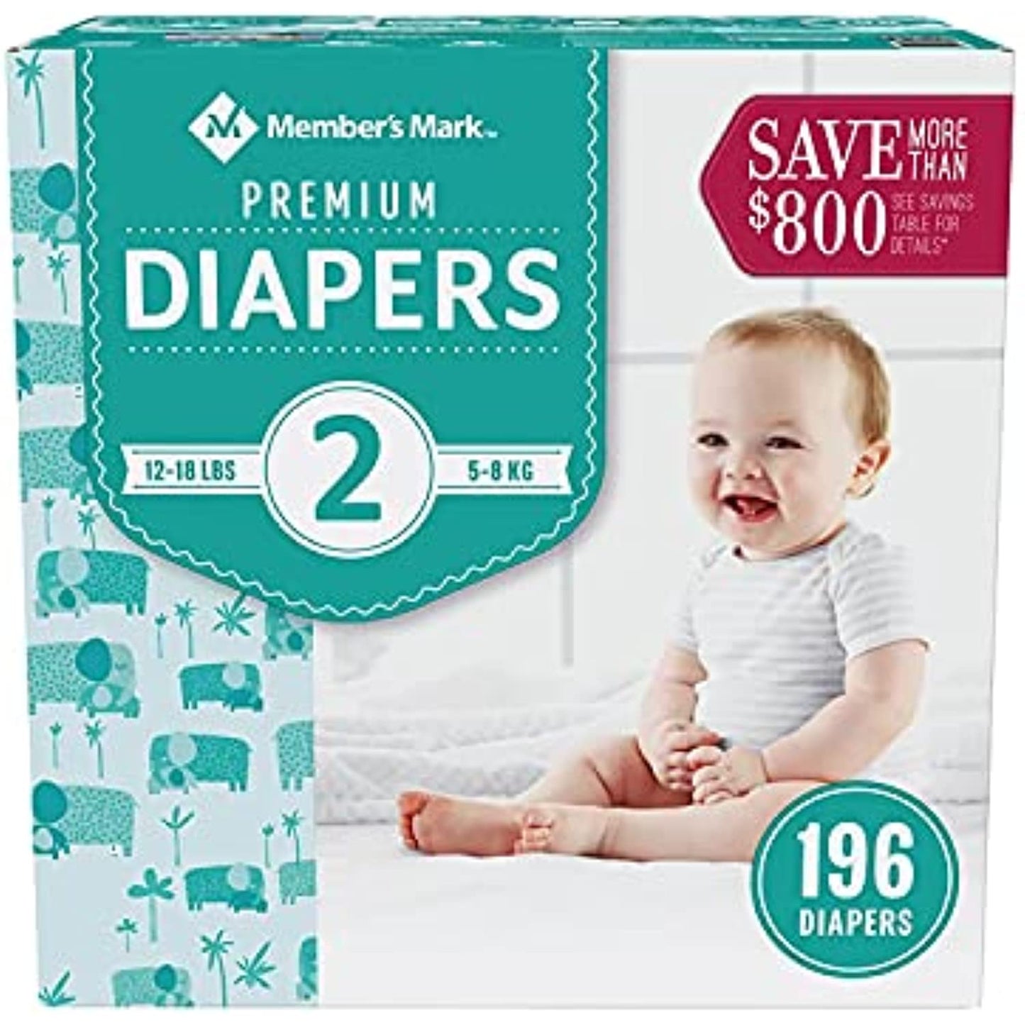 Members Mark Premium Baby Diapers, Size 2 (12-18 Pounds), 196 Count