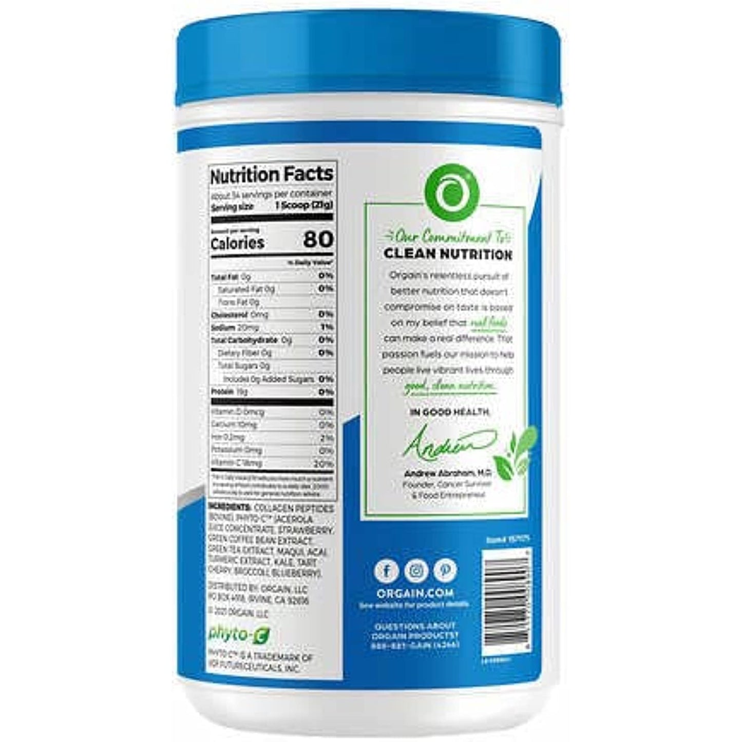 Orgain Collagen +Superfoods with 20 Grams of Grass-Fed Collagen and Vitamin C, Unflavored, 25.6 oz