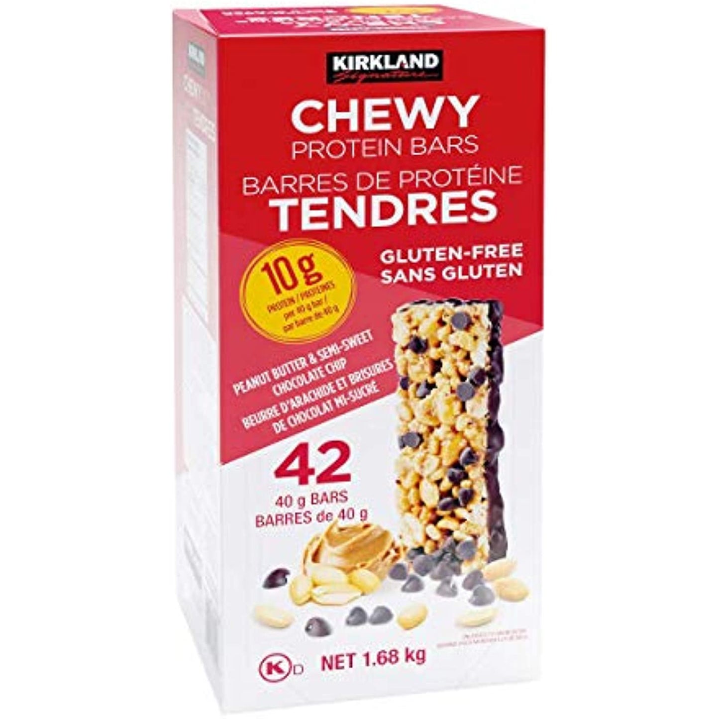 KIRKLAND SIGNATURE Chewy Protein bar Peanut Butter & Semisweet Chocolate Chip (42 X 1.41 Oz)Total Net Wt (59.2 Oz), 59.2 Ounce (Pack of 1)