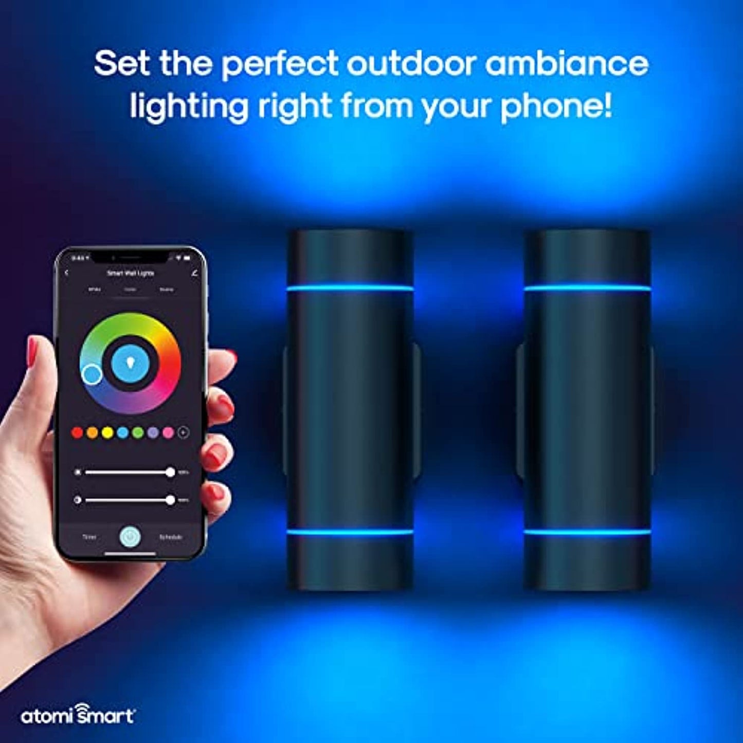 Atomi Smart WiFi LED Wall Sconce Lights - 2 Pack, 1200 Lumens, Dimmable, Premium Aluminum Construction, IP65 All-Weather, Tunable White, Color Changing, Works with Voice Assistance