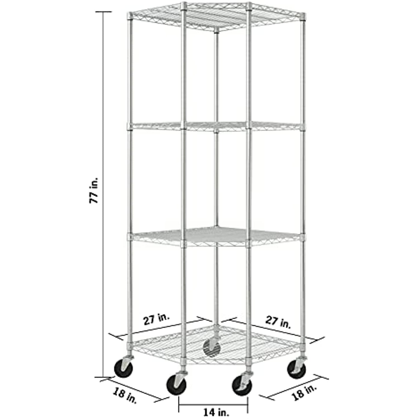 TRINITY EcoStorage 4-Tier NSF Corner Wire Shelving Rack with Wheels, 27 by 17 by 13 by 17 by 72-Inch, Chrome