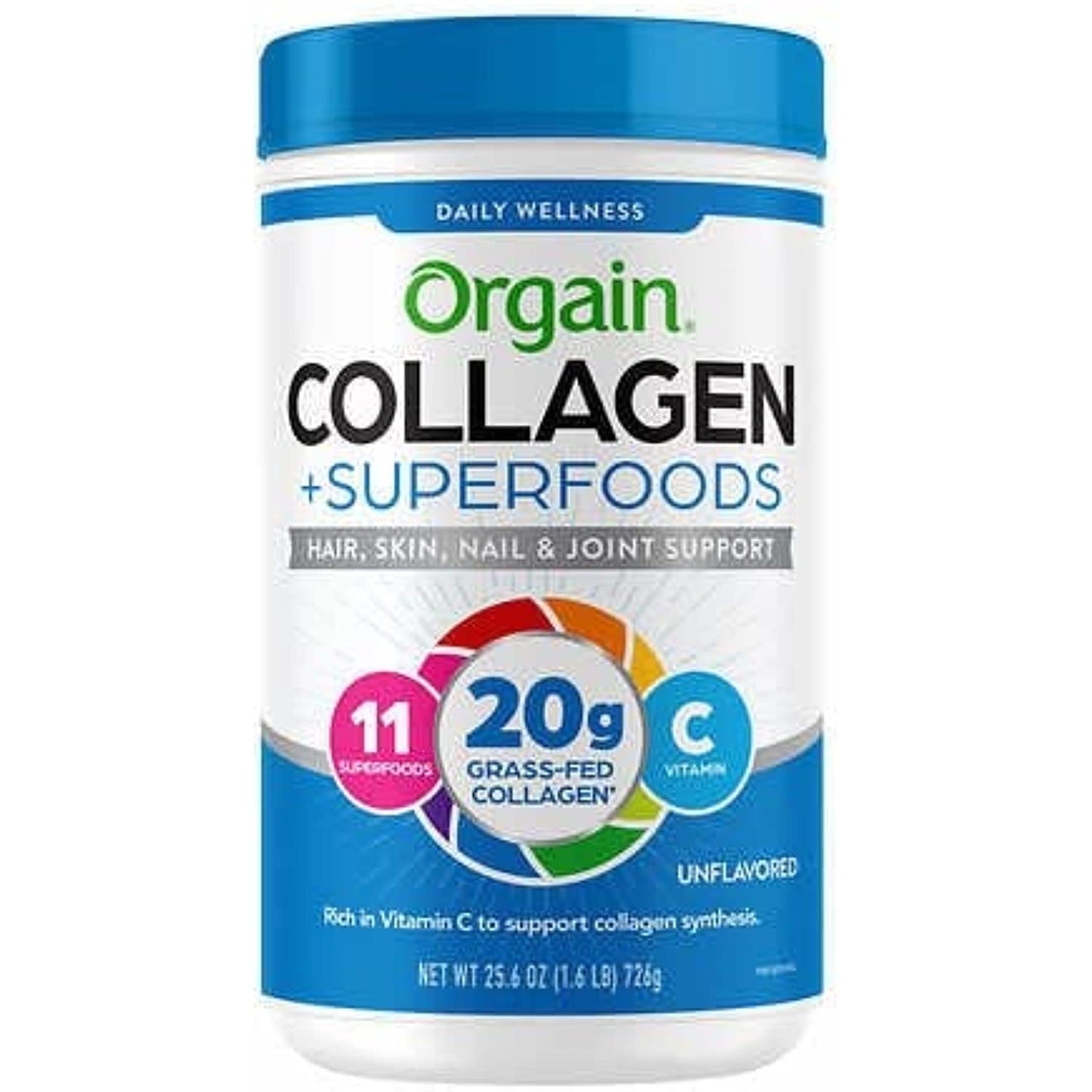 Orgain Collagen +Superfoods with 20 Grams of Grass-Fed Collagen and Vitamin C, Unflavored, 25.6 oz