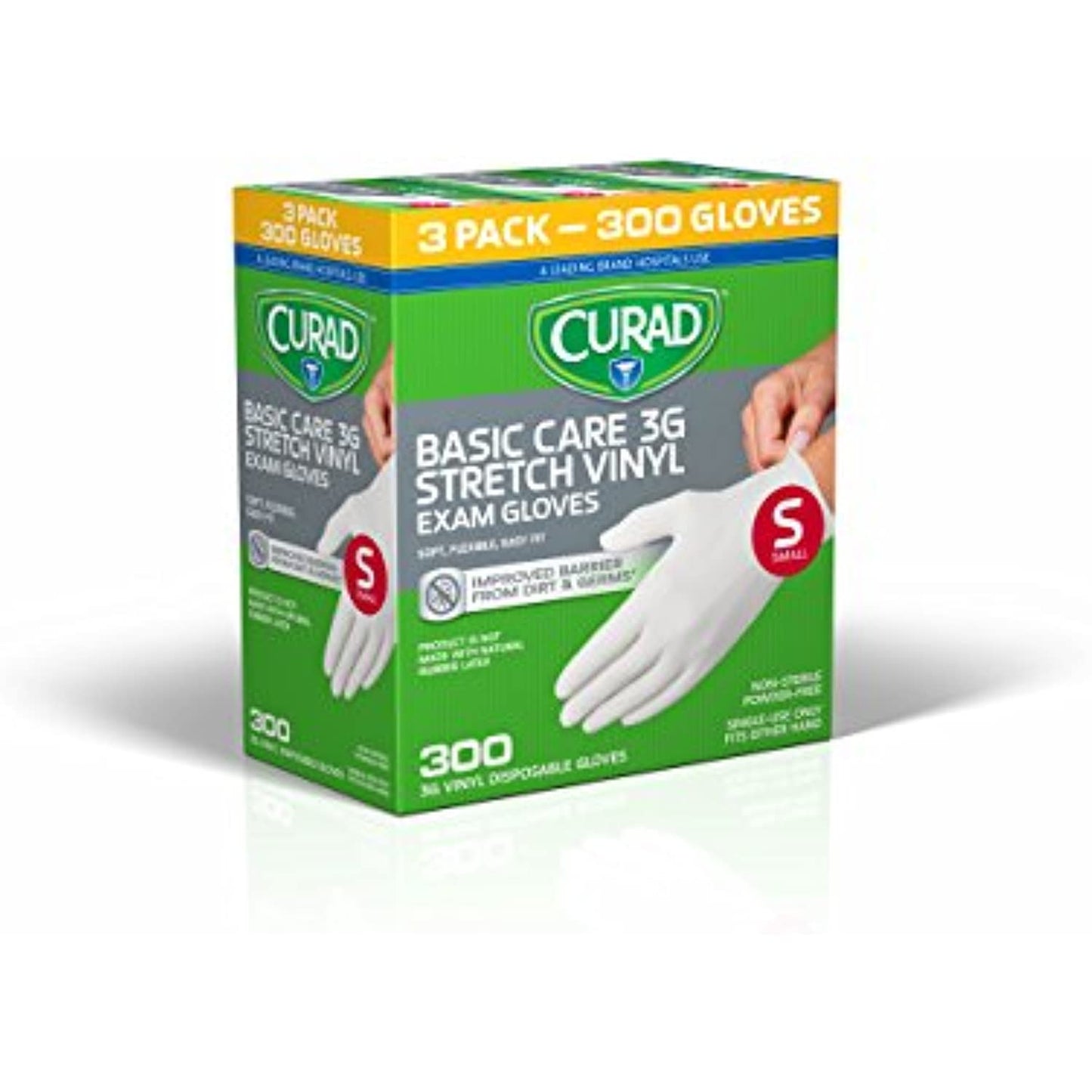Curad Basic Care 3G Stretch Vinyl Exam Gloves, Powder Free, Small, 100 Count (Pack of 3)