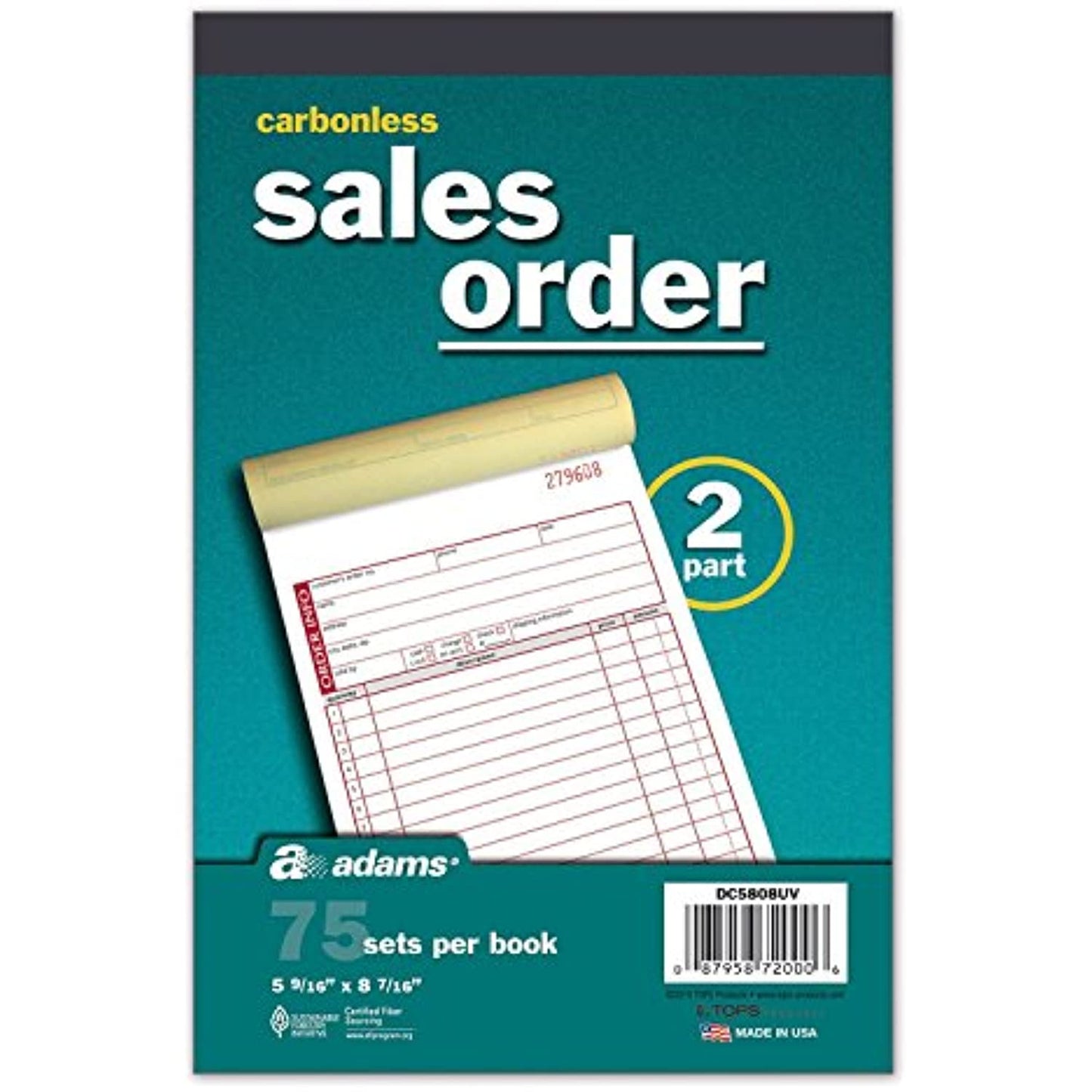 Adams Carbonless 2 Part Sales Order Forms, 5 Books/75 Sets Per Book