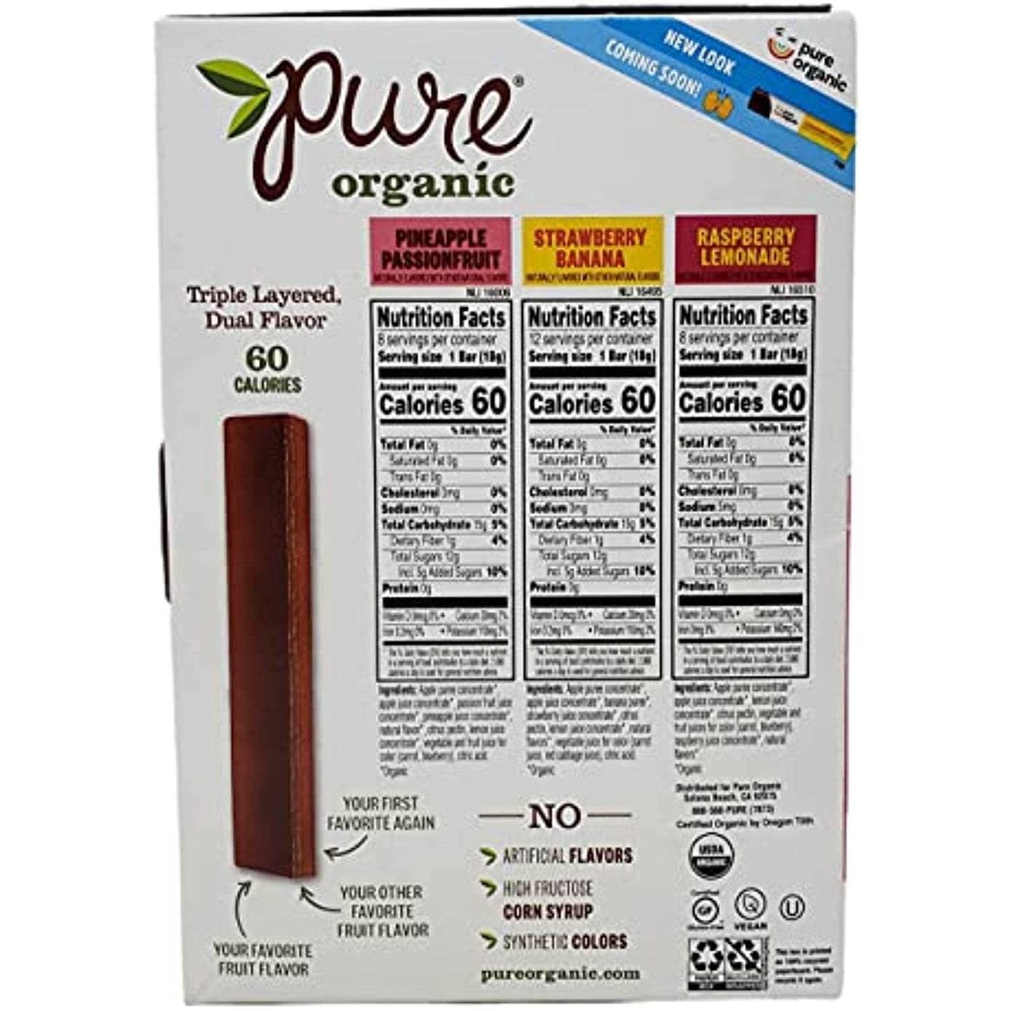 Pure Organic Layered Fruit Bars - Pineapple Passion Fruit, Strawberry Banana, and Raspberry Lemonade - 28 Fruit Bars Per Box - Choose a 56 Pack or 84 Pack (56)