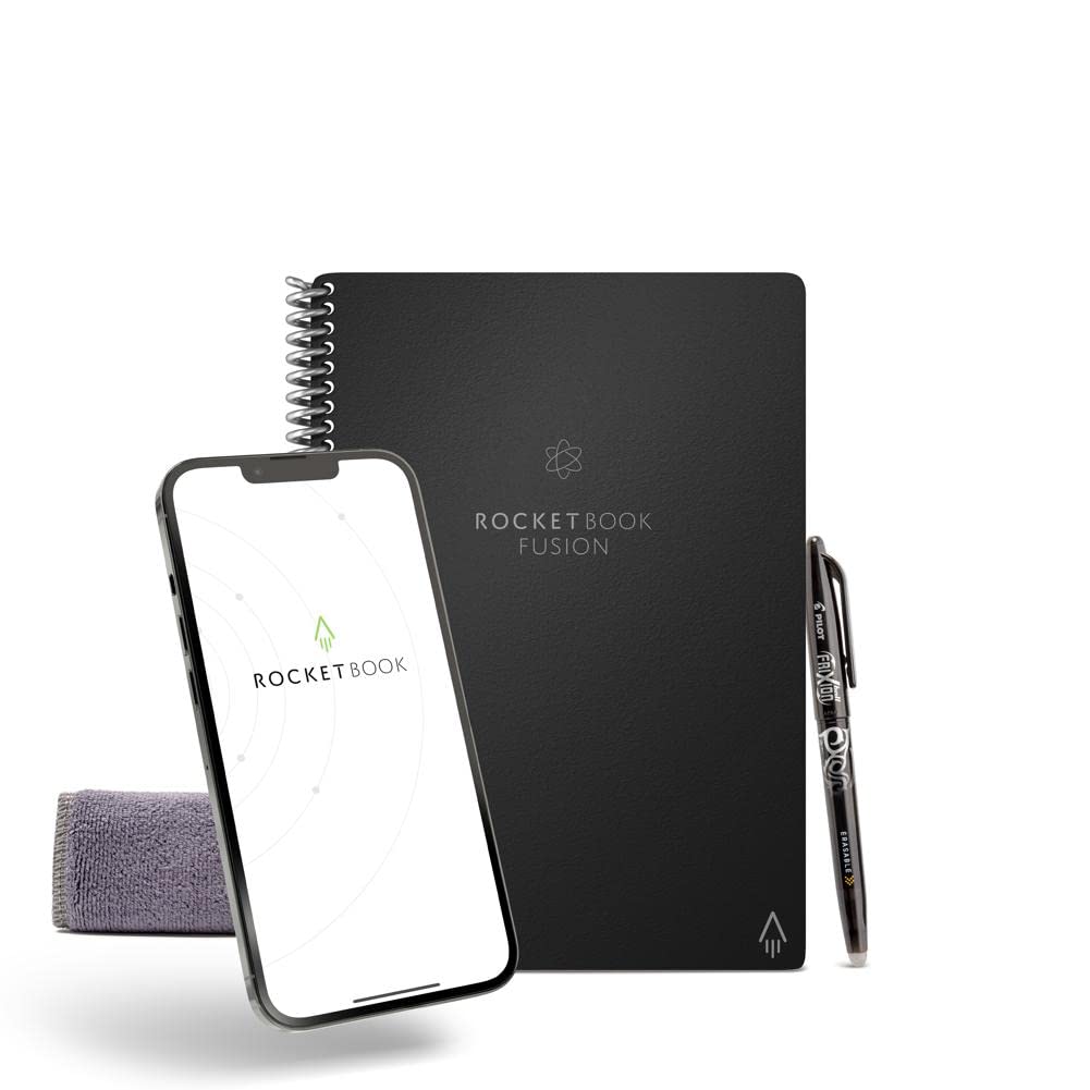 Rocketbook Fusion Smart Reusable Notebook - Calendar, To-Do Lists, and Note Template Pages with 1 Pilot Frixion Pen & 1 Microfiber Cloth Included - Infinity Black Cover, Letter Size (8.5" x 11")