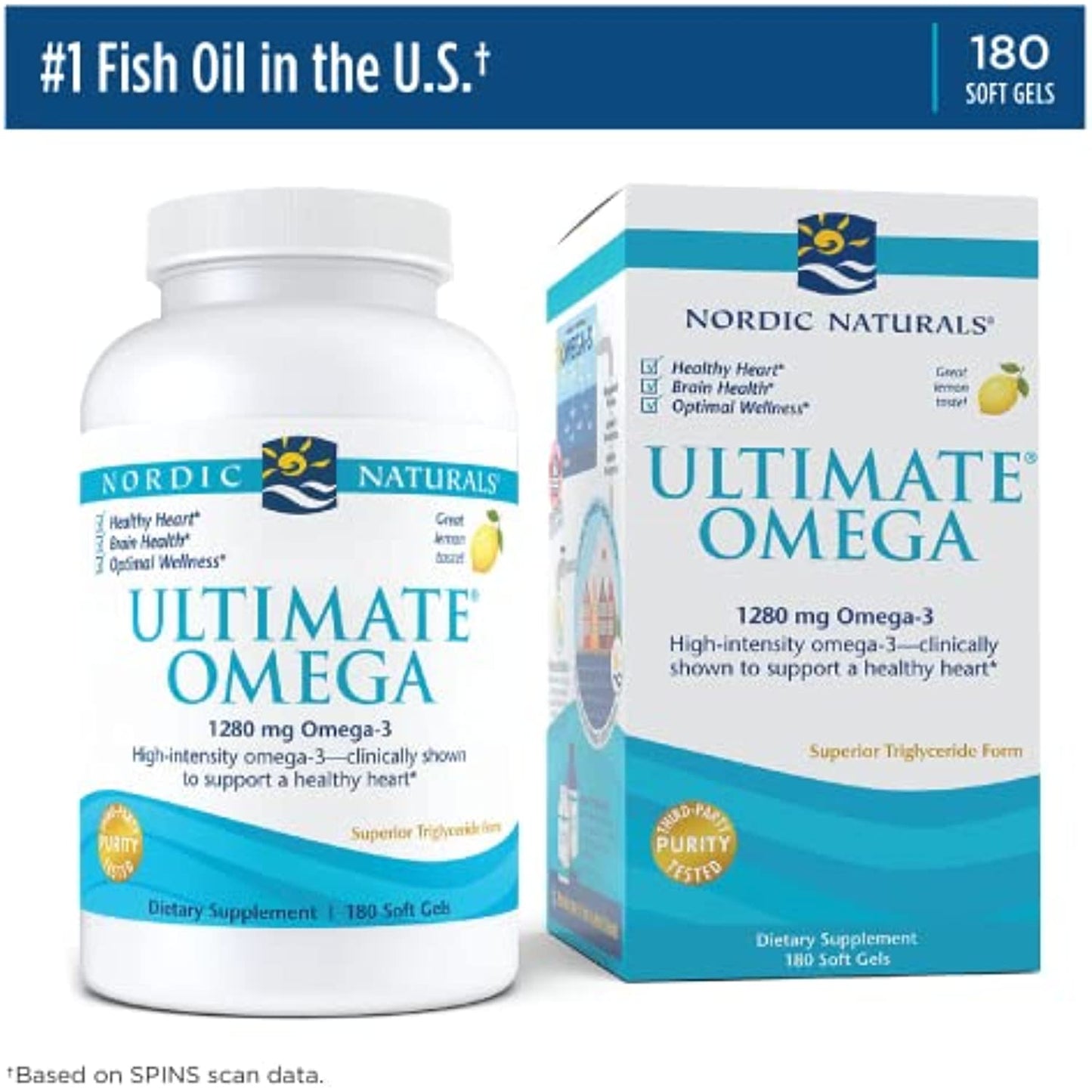 Nordic Naturals Ultimate Omega, Lemon Flavor - 180 Soft Gels - 1280 mg Omega-3 - High-Potency Omega-3 Fish Oil with EPA & DHA - Promotes Brain & Heart Health - Non-GMO - 90 Servings