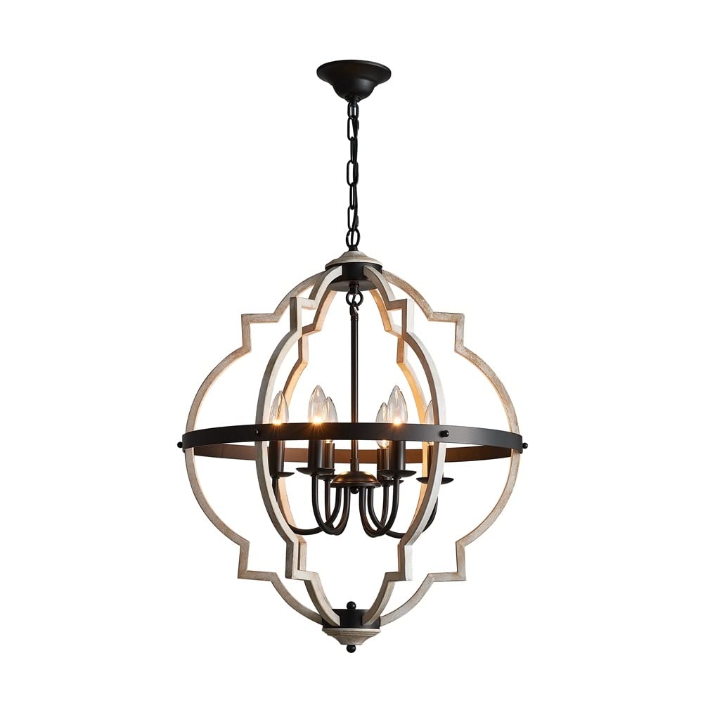 Bestier Orb 6-Light Chandelier Rustic Vintage Globe Farmhouse Chandelier in Black Metal White Distressed Wood Color Painted Finish Foyer Chandelier Dining Light Living Room Lighting Kitchen Island
