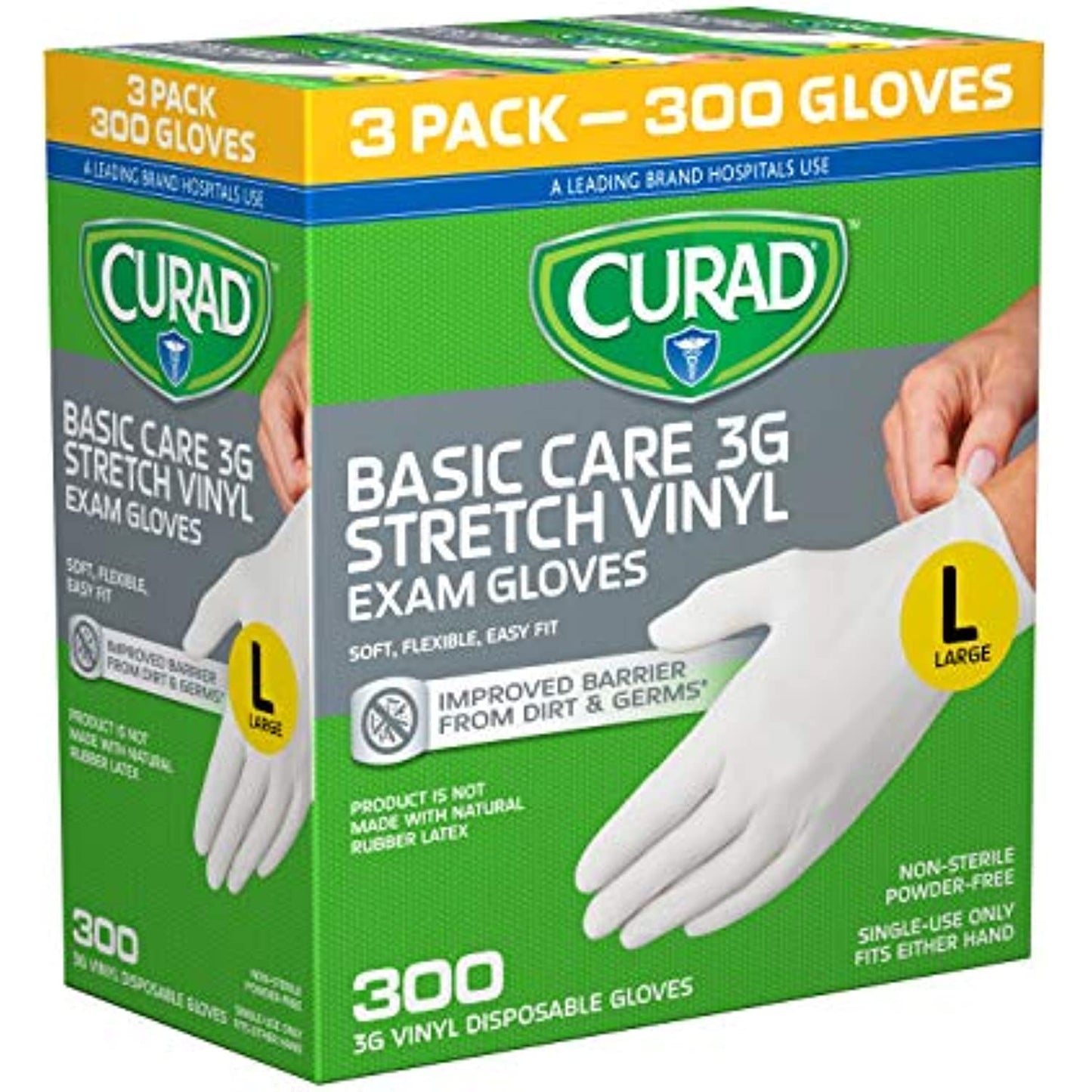 Curad Basic Care 3G Stretch Vinyl Exam Gloves, Powder Free, Large, 100 Count (Pack of 3)