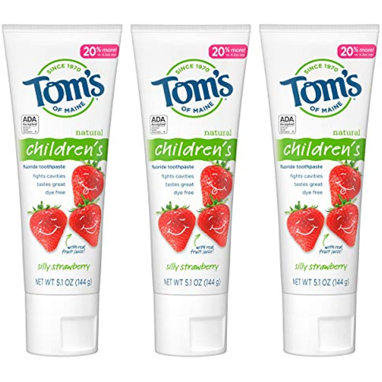 Tom's of Maine ADA Approved Fluoride Children's Toothpaste, Natural Toothpaste, Dye Free, No Artificial Preservatives, Silly Strawberry, 5.1 Oz. 3-Pack (Packaging May Vary)