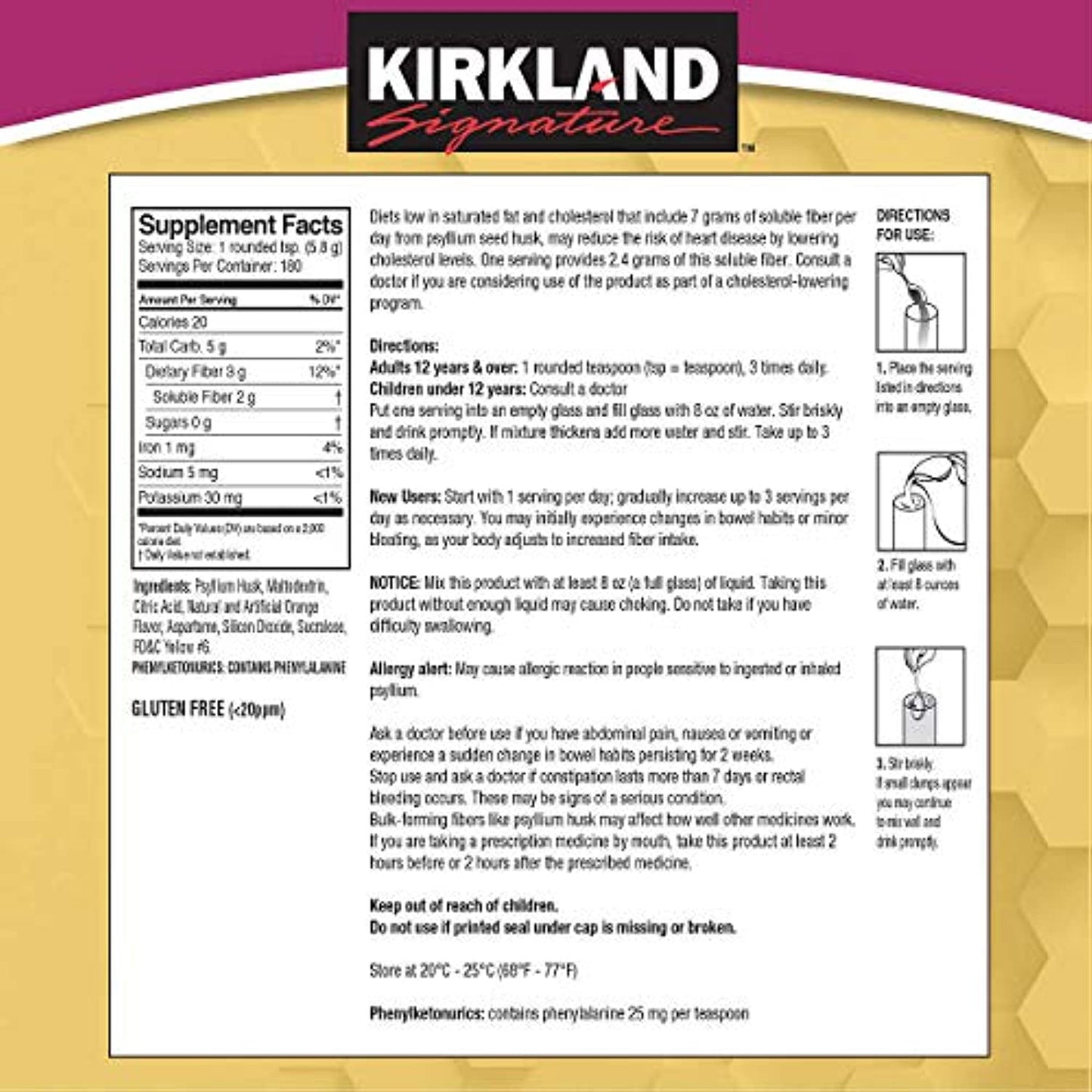 Kirkland Signature Psyllium Fiber Sugar Free 2 ct 180 ct