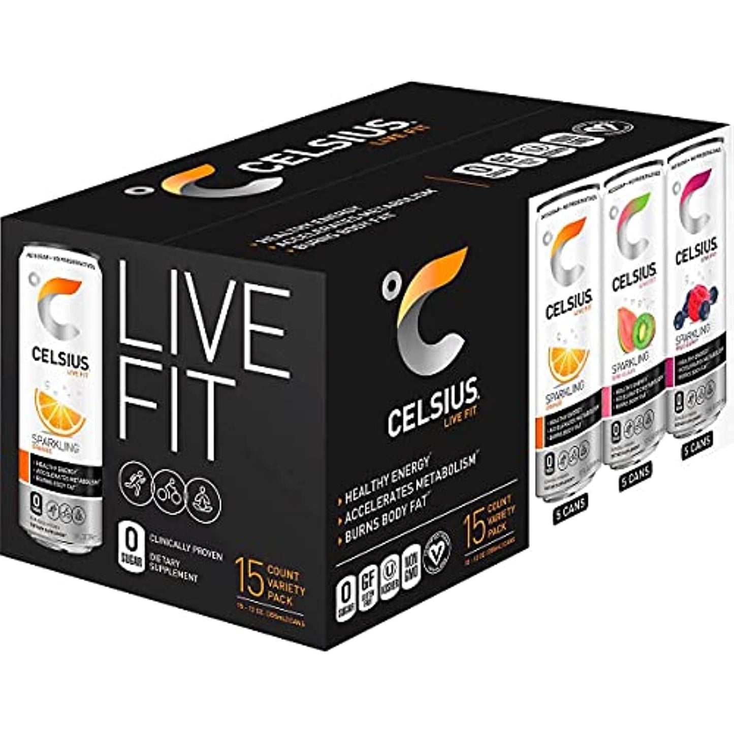 Celcius Live Fit Sparkling Fitness Drink Variety, 12 Ounce (15 Count) - PACK OF 2