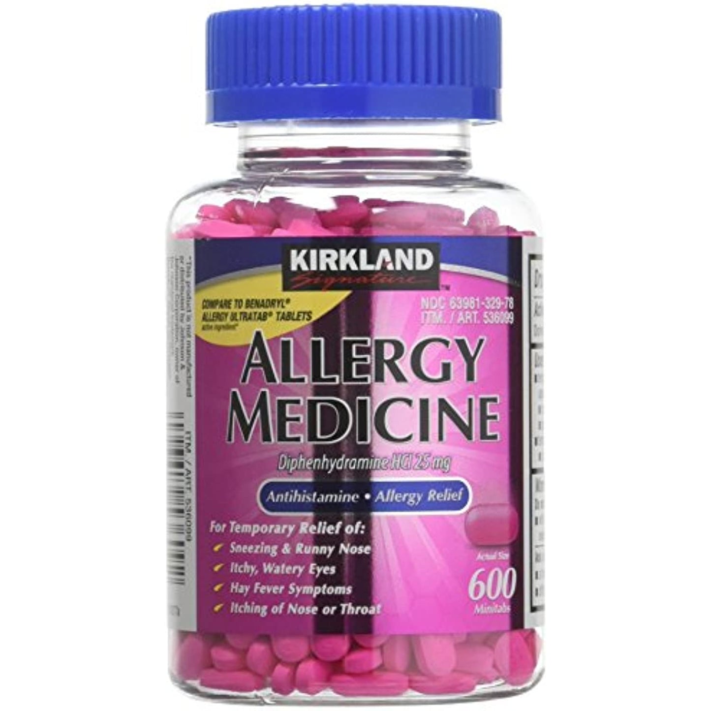 Kirkland Signature Diphenhydramine Hci 25 Mg Allergy Medicine & Antihistaminecompare to Active Ingredient of Benadryl Allergy Generic 1200count, 1count