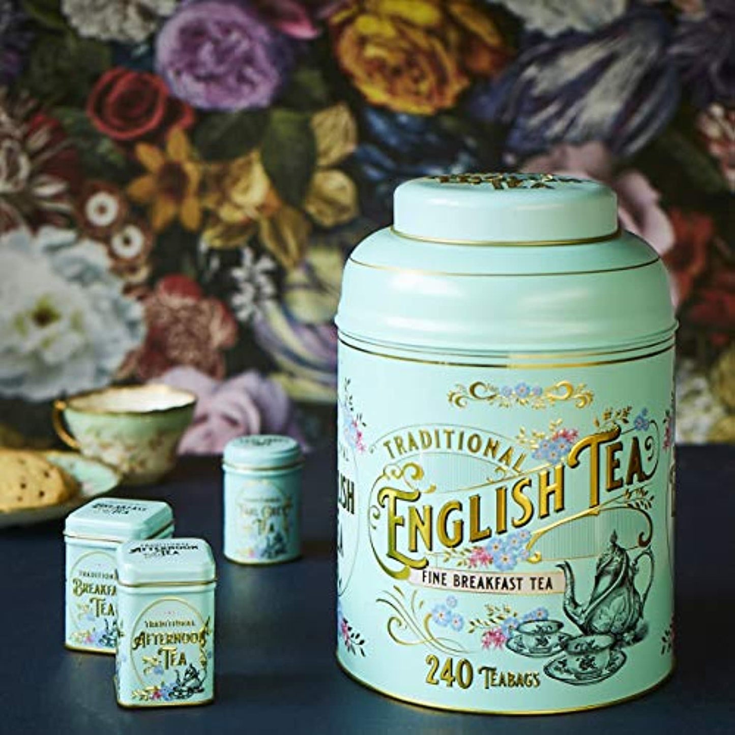 New English Teas Vintage Victorian Round Tea Caddy with 240 Fine English Teabags (Mint Green)