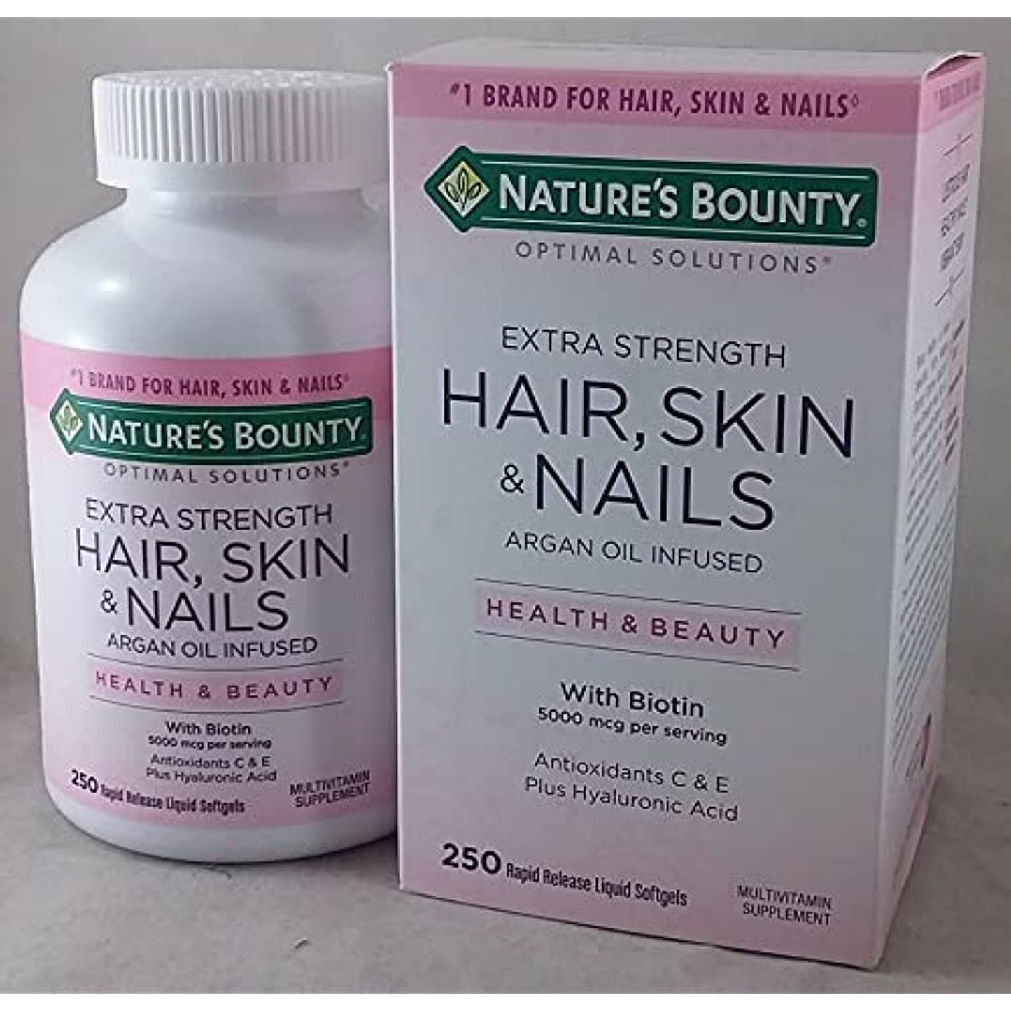 Nature's Bounty Hair Skin and Nails 5000 mcg of Biotin - 250 Coated Tablets Regular & Extra Strength (Extra Strength, Two Bottles Each of 250 Softgels)