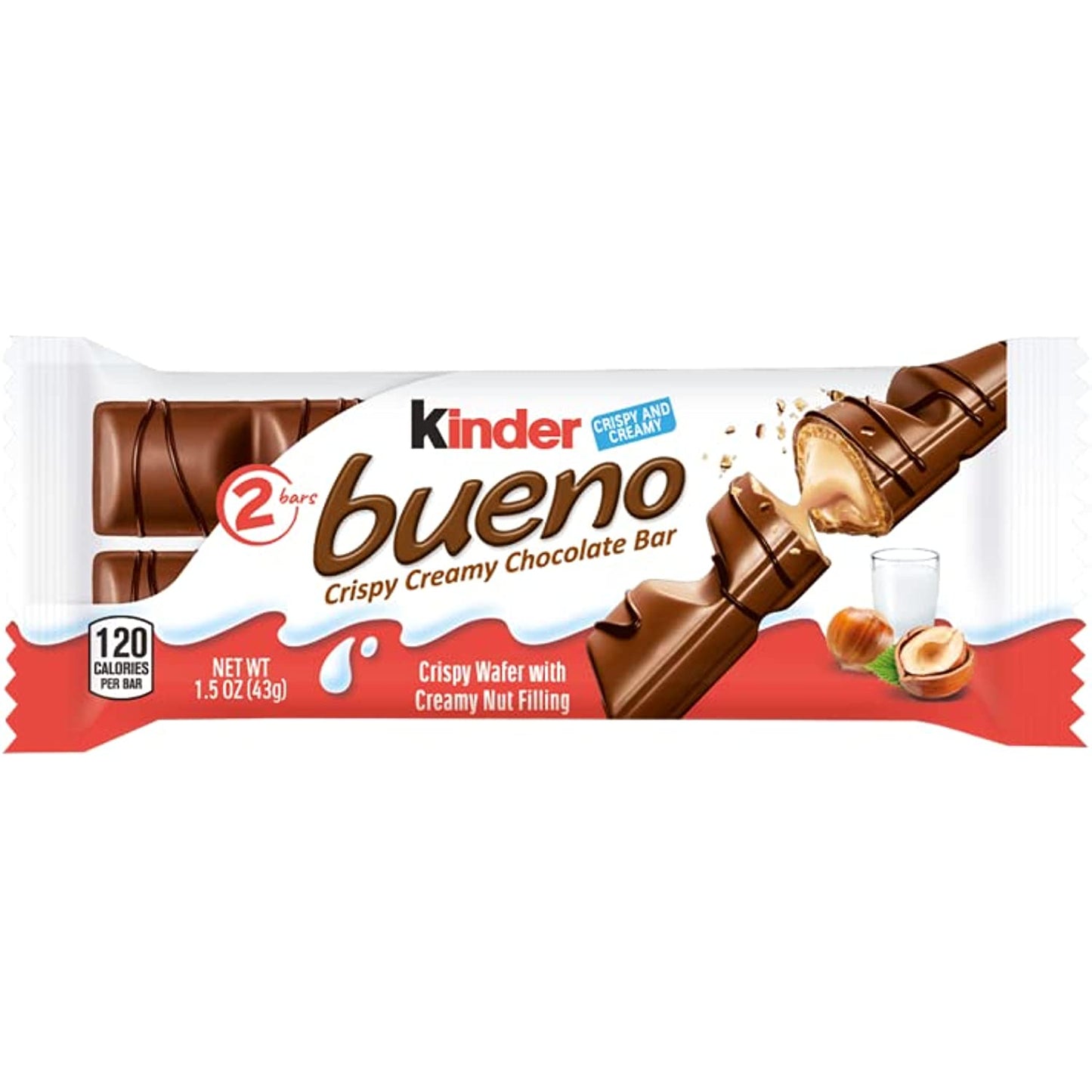 Kinder Bueno Milk Chocolate and Hazelnut Cream, 2 Individually Wrapped Chocolate Bars Per Pack, Great Holiday Treats, 1.5 oz each, Bulk 20 Pack