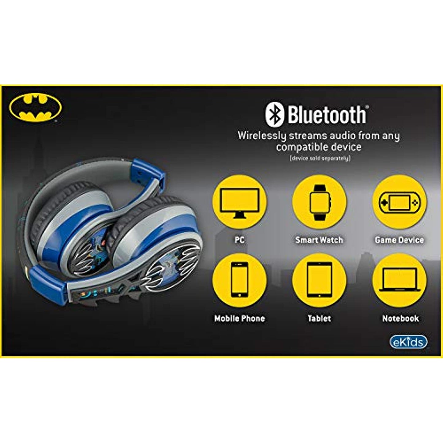 eKids Batman Bluetooth Headphones for Kids, Wireless Headphones with Microphone for Video Call or Zoom Meeting, for Fans of Batman Merchandise and Gifts