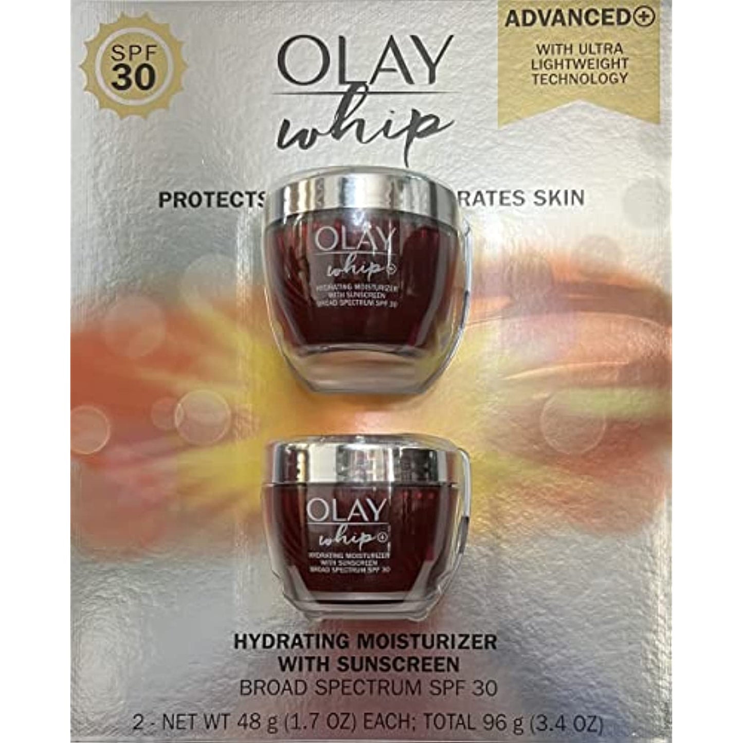 Olay Whip Advanced Hydrating Moisturizer with Sunscreen, Broad Spectrum SPF 30, Total 3.4 OZ (2 Packs)