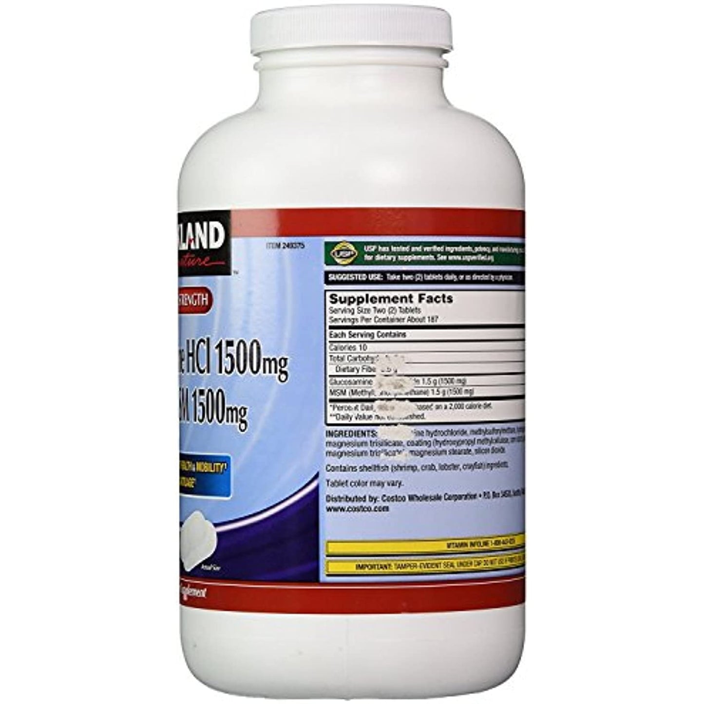 Kirkland Signature Extra Strength Glucosamine HCI 1500mg, With MSM 1500 mg, 375-Count Tablets (Multi Pack of 2)