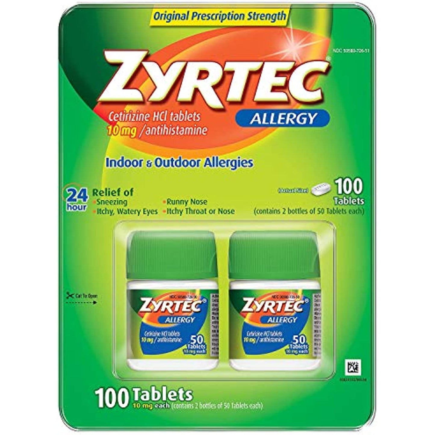 Zyrtec Cetrizine HCl/Antihistamine - 10mg/100 Tablets