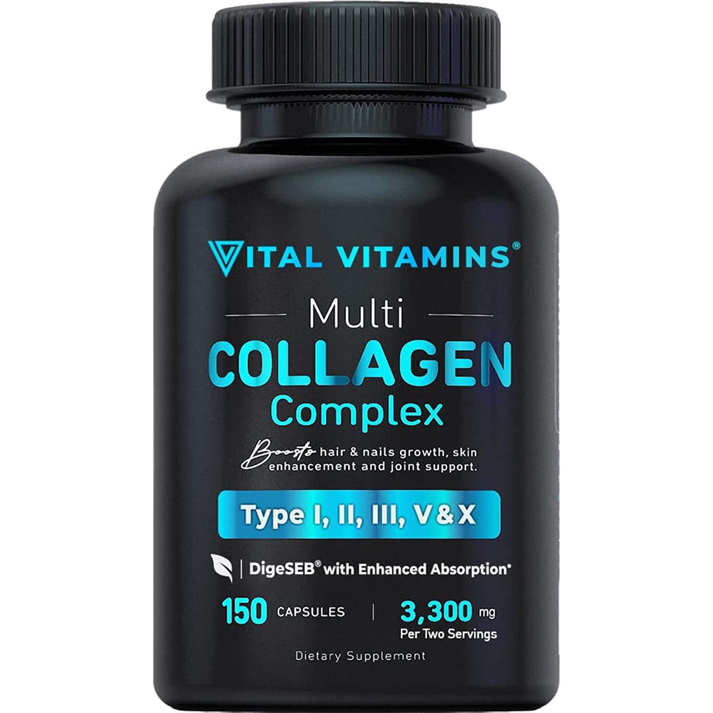 Vital Vitamins Multi Collagen Complex - Type I, II, III, V, X, Grass Fed, Non-GMO, 150 Capsules