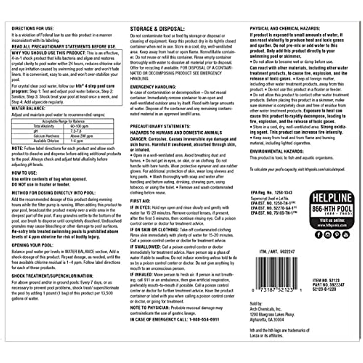 HTH 52123 Super Shock Treatment Swimming Pool Chlorine Cleaner, 1 lb (Pack of 15)
