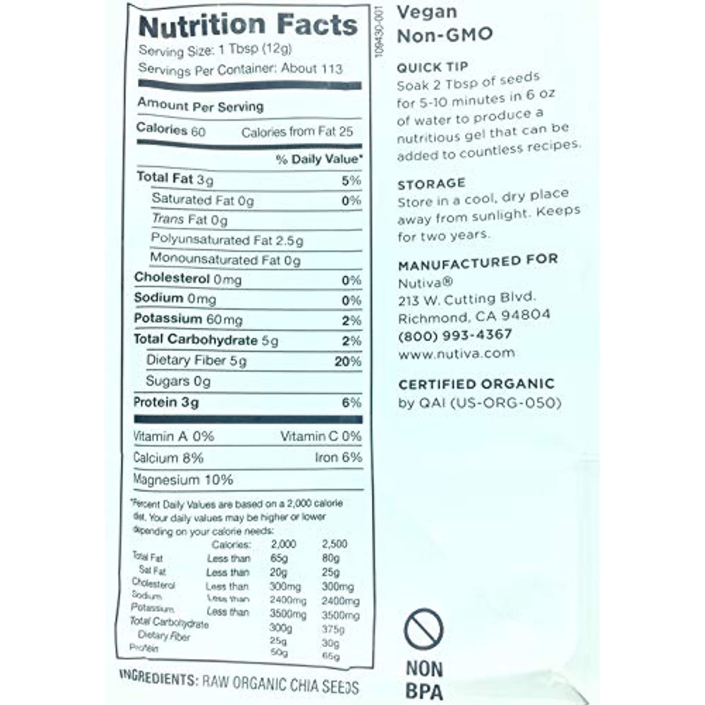 Nutiva Organic, non-GMO, Premium Black Chia Seeds, 48-ounce