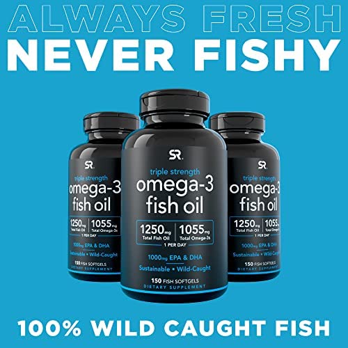 Sports Research Triple Strength Omega 3 Fish Oil - Burpless Fish Oil Supplement w/ EPA & DHA Fatty Acids from Wild Caught Fish - Heart, Brain & Immune Support for Men & Women - 1250 mg, 150 ct