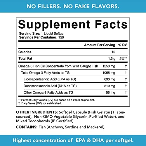 Sports Research Triple Strength Omega 3 Fish Oil - Burpless Fish Oil Supplement w/ EPA & DHA Fatty Acids from Wild Caught Fish - Heart, Brain & Immune Support for Men & Women - 1250 mg, 150 ct