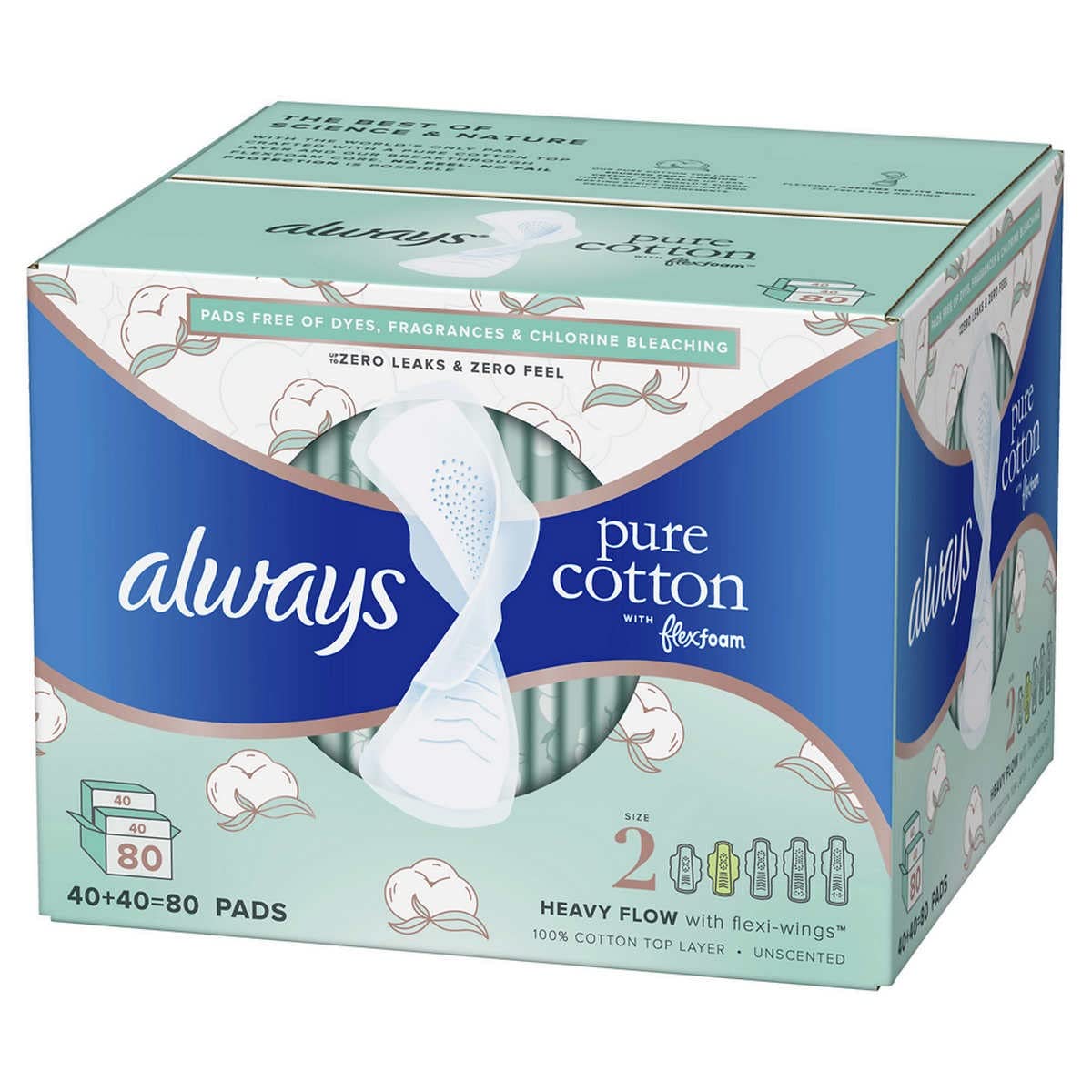 Always Pure Cotton with FlexFoam Pads for Women Size 2 Heavy Flow Absorbency, with Wings, 40 Count (Pack of 2, 80 Total Count)