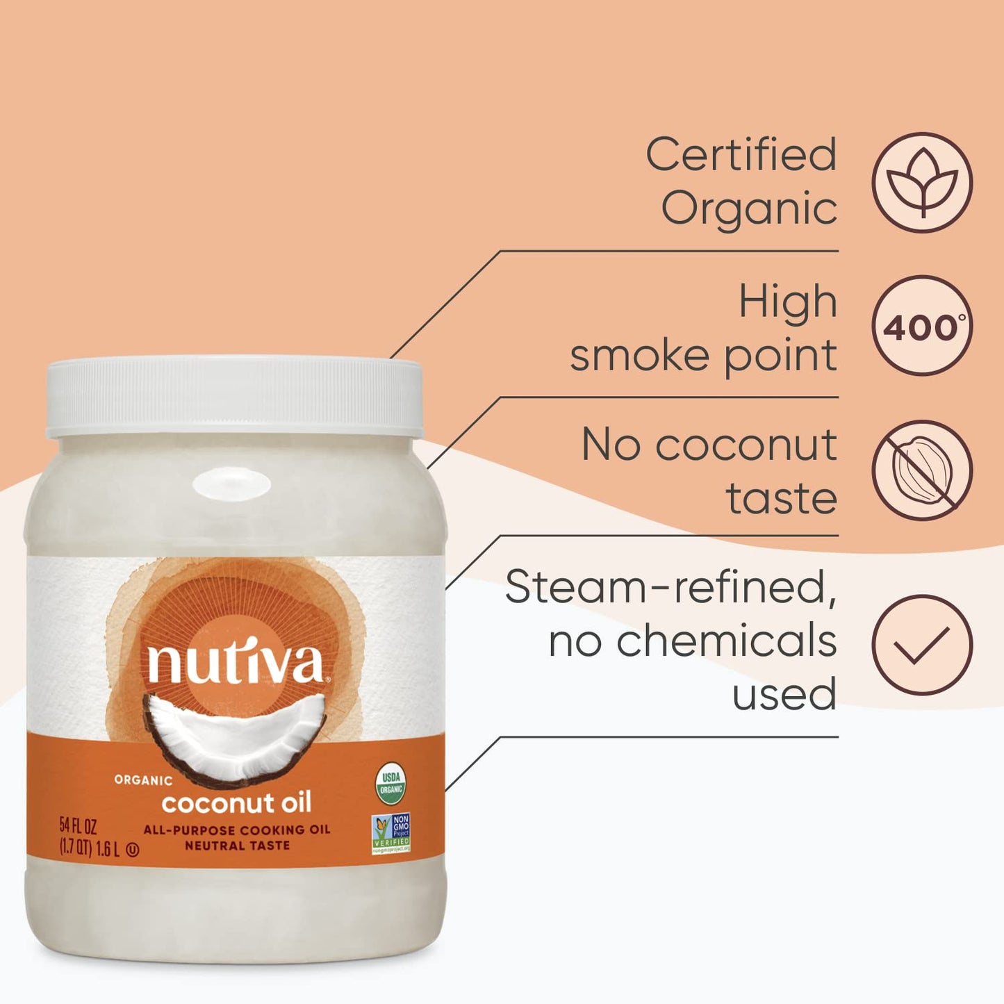 Nutiva Organic Steam-Refined Coconut Oil, 78 Fluid Ounce | USDA Organic, Non-GMO | Vegan, Keto, Paleo | Neutral Flavor and Aroma for Cooking & Natural Moisturizer for Skin and Hair