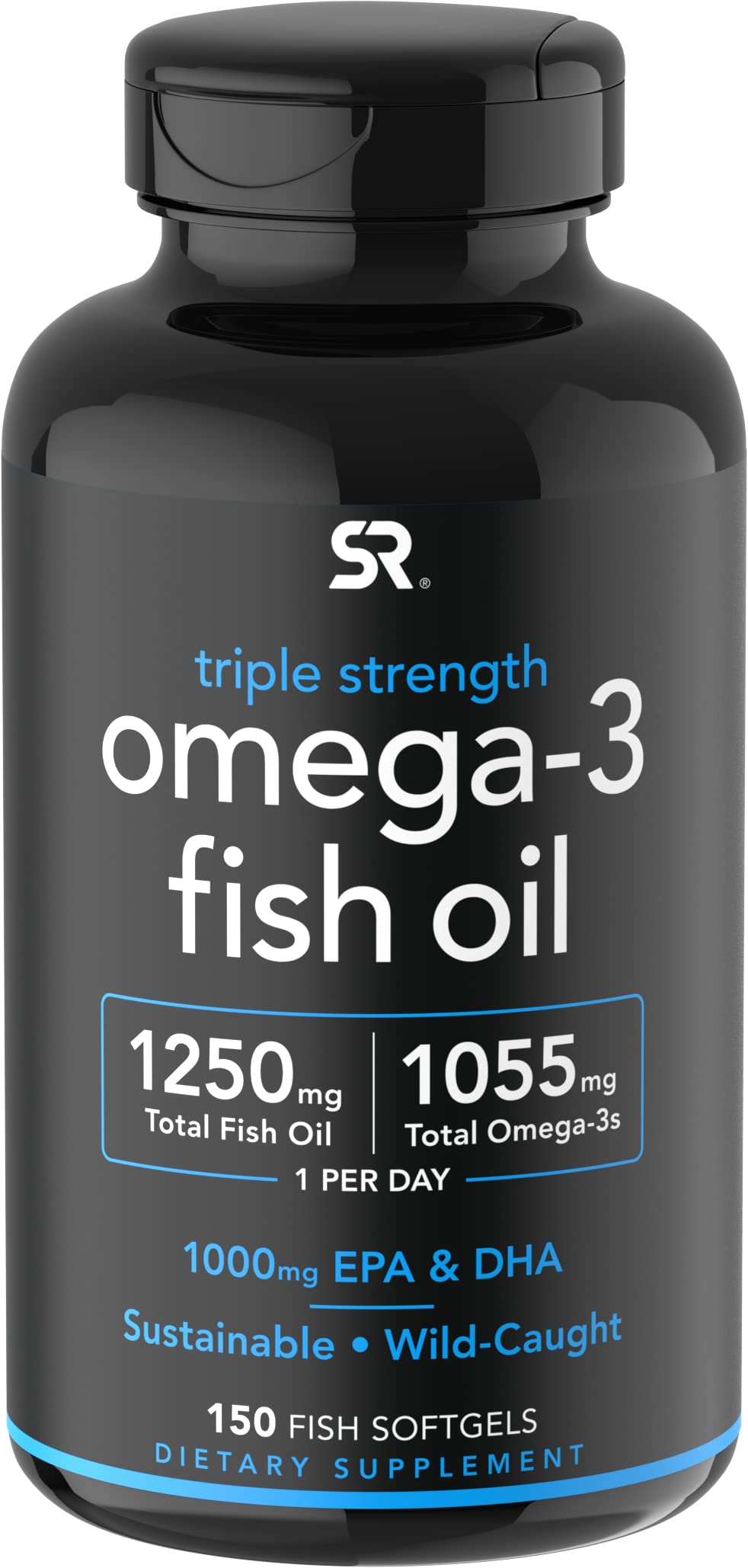 Sports Research Triple Strength Omega 3 Fish Oil - Burpless Fish Oil Supplement w/ EPA & DHA Fatty Acids from Wild Caught Fish - Heart, Brain & Immune Support for Men & Women - 1250 mg, 150 ct