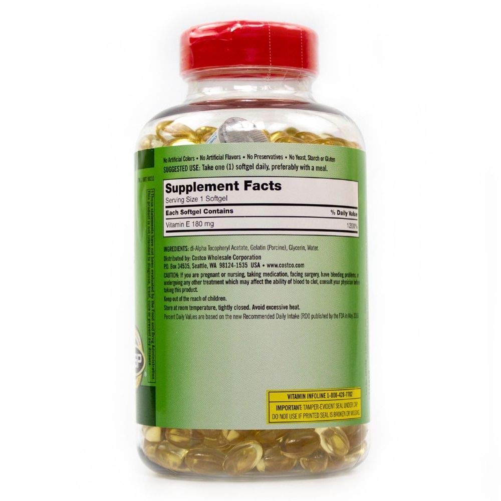 Kirkland Signature Vitamin E 400 I.U. 500 Softgels, Bottle, Yellow