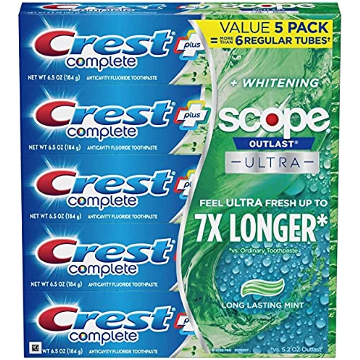 Crest Complete Whitening + Scope Toothpaste, 6.5 Ounce (5 Pack)