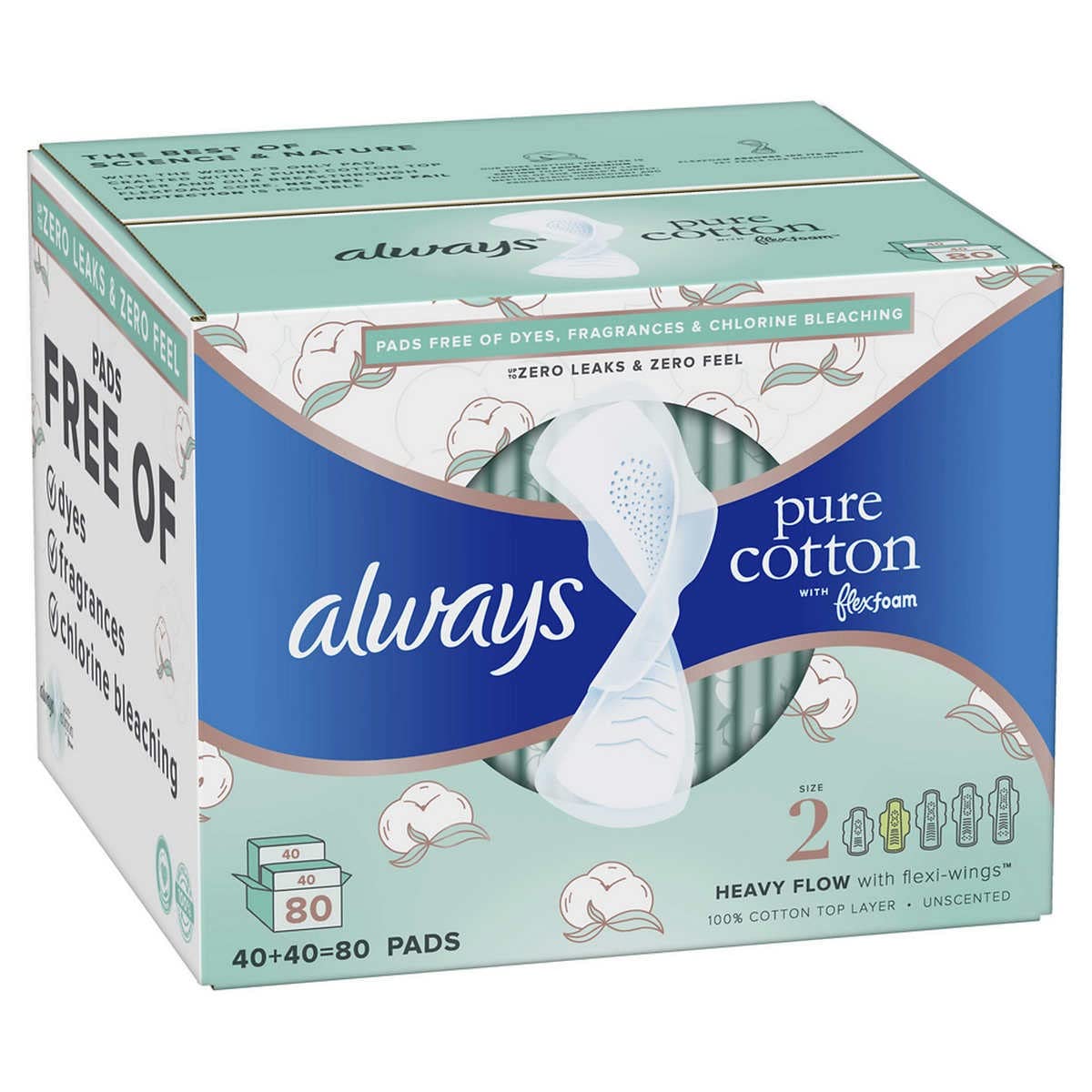 Always Pure Cotton with FlexFoam Pads for Women Size 2 Heavy Flow Absorbency, with Wings, 40 Count (Pack of 2, 80 Total Count)