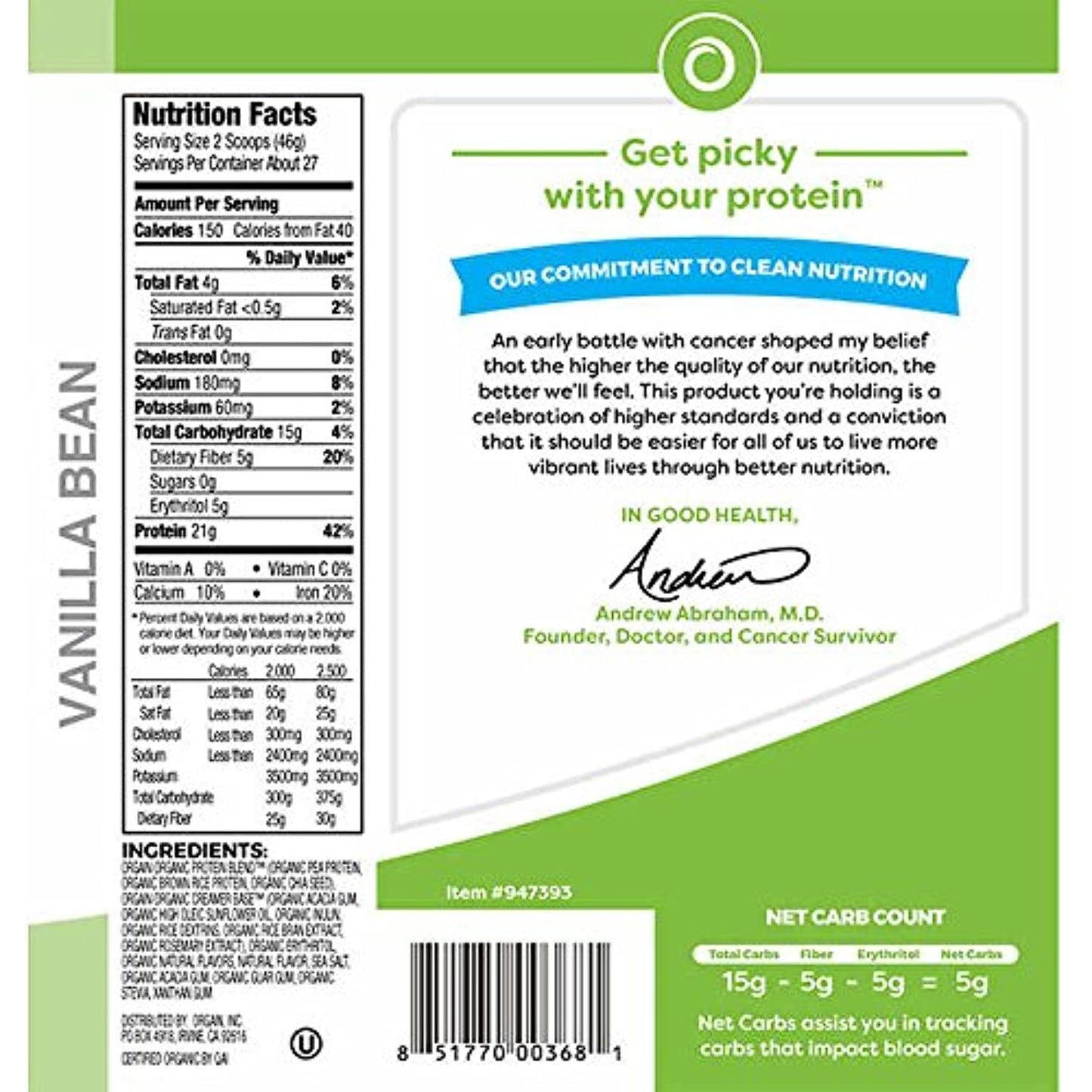 Orgain Organic Plant Based Protein Powder, Vanilla Bean, Vegan, Non-GMO, Gluten Free, 2.74 Pound, 1 Count, Packaging May Vary