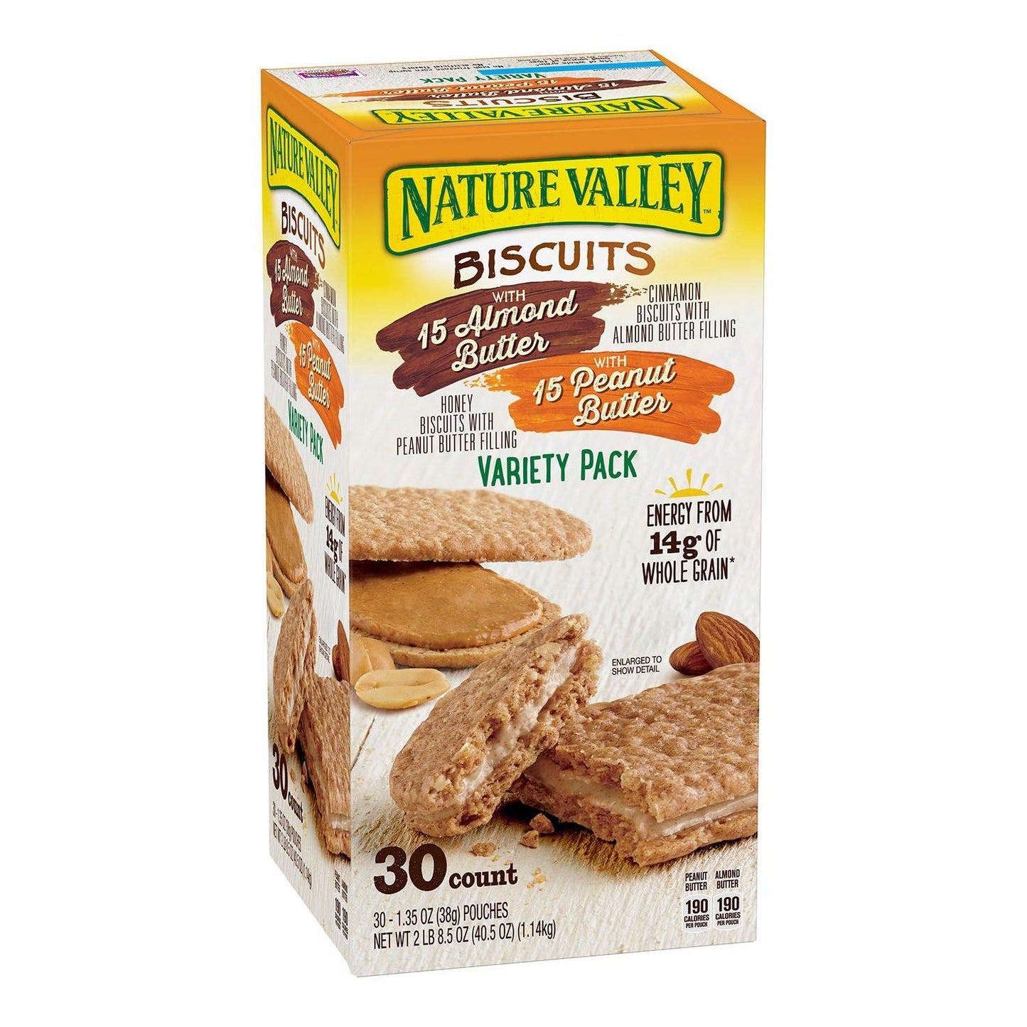 Nature Valley Sandwich Biscuit with Almond Butter or Peanut Butter, Variety Pack, 30 Count (Pack of 2, Total of 60 Ct)