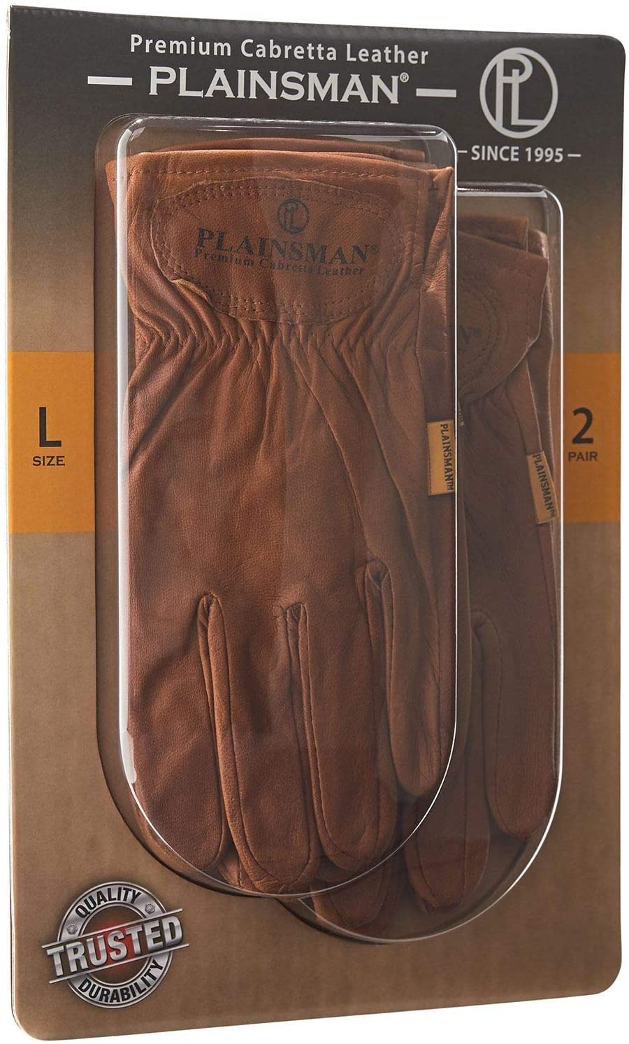 Plainsman Premium Cabretta Brown Leather Gloves, 2 Pairs, Large