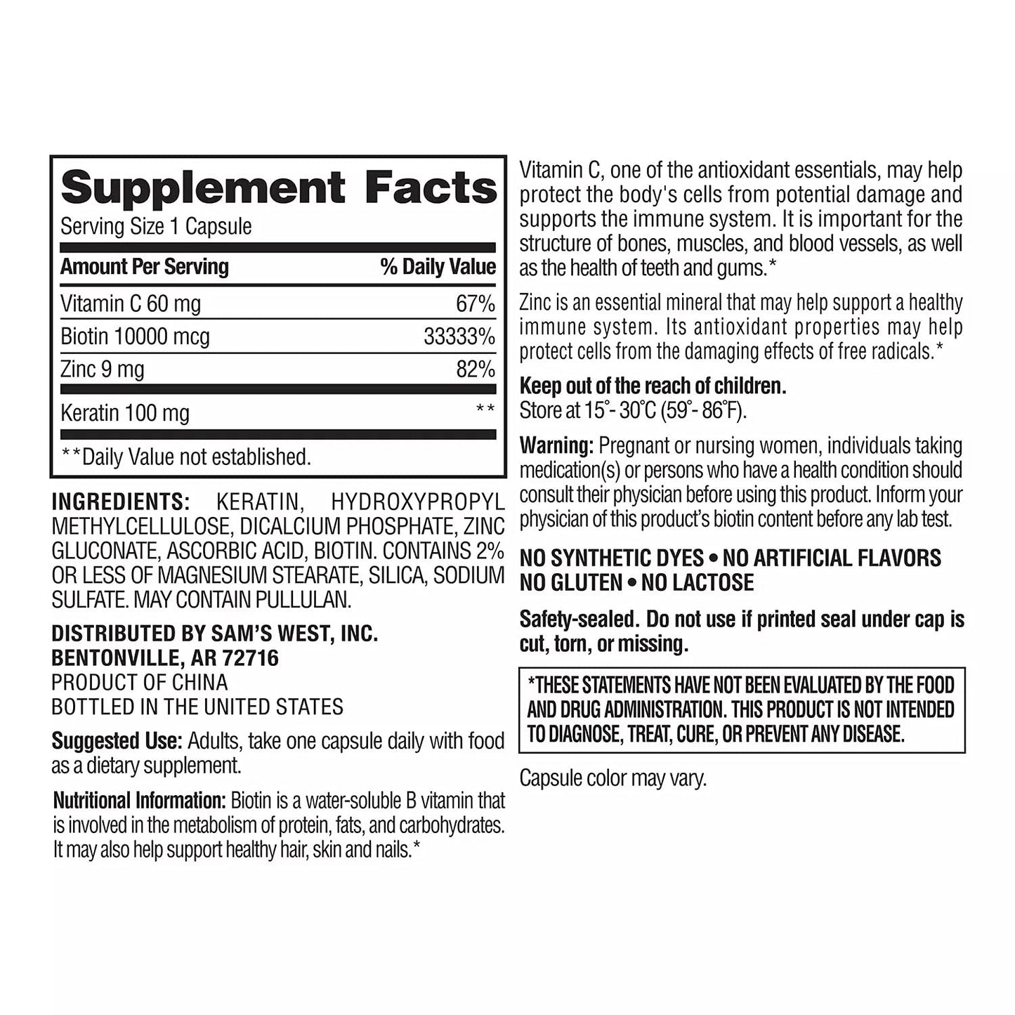 Member's Mark Biotin 10,000mcg with Keratin 100mg (250 ct.) by Members Mark