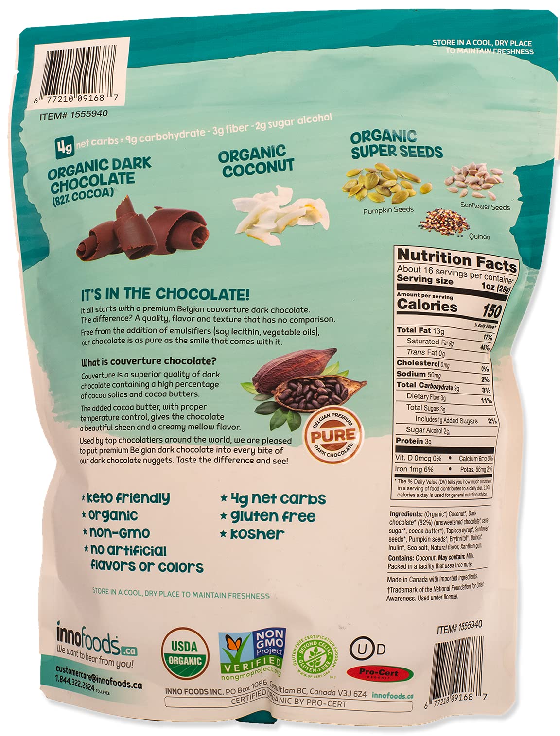 Innofoods Dark Chocolate Keto Nuggets- Coconut Seeds Pumpkin Seeds, Quinoa, & Sunflower Seeds