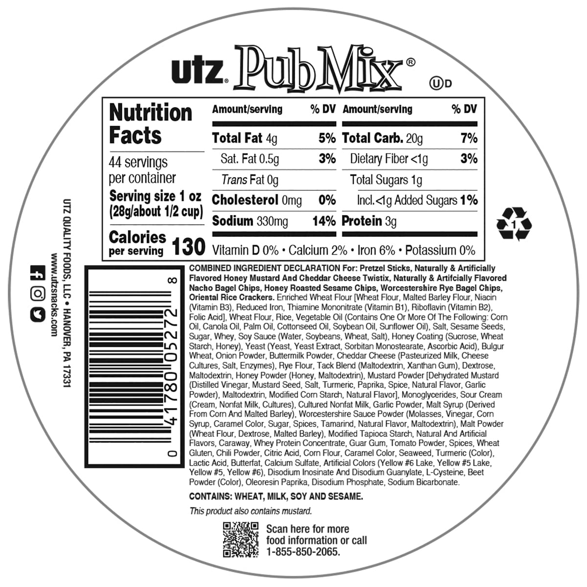 Utz Pub Mix - 44 Ounce Barrel - Savory Snack Mix, Blend of Crunchy Flavors for a Tasty Party Snack - Resealable Container - Cholesterol Free and Trans-Fat Free