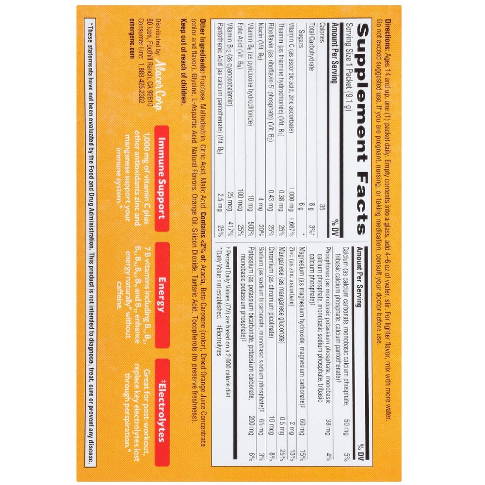 Emergen-C Vitamin C Flavored Fizzy Drink Mix Packets, Super Orange, 0.32 Ounce (Pack of 30)