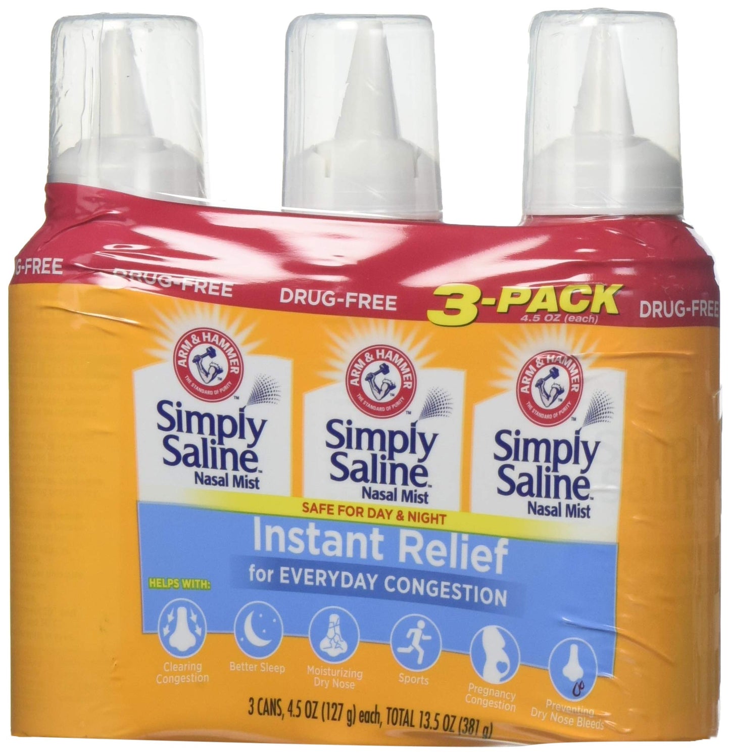 Arm & Hammer Simply Saline Nasal Relief Mist Spray- Giant Size - 4.5 Ounce (Pack of 3)