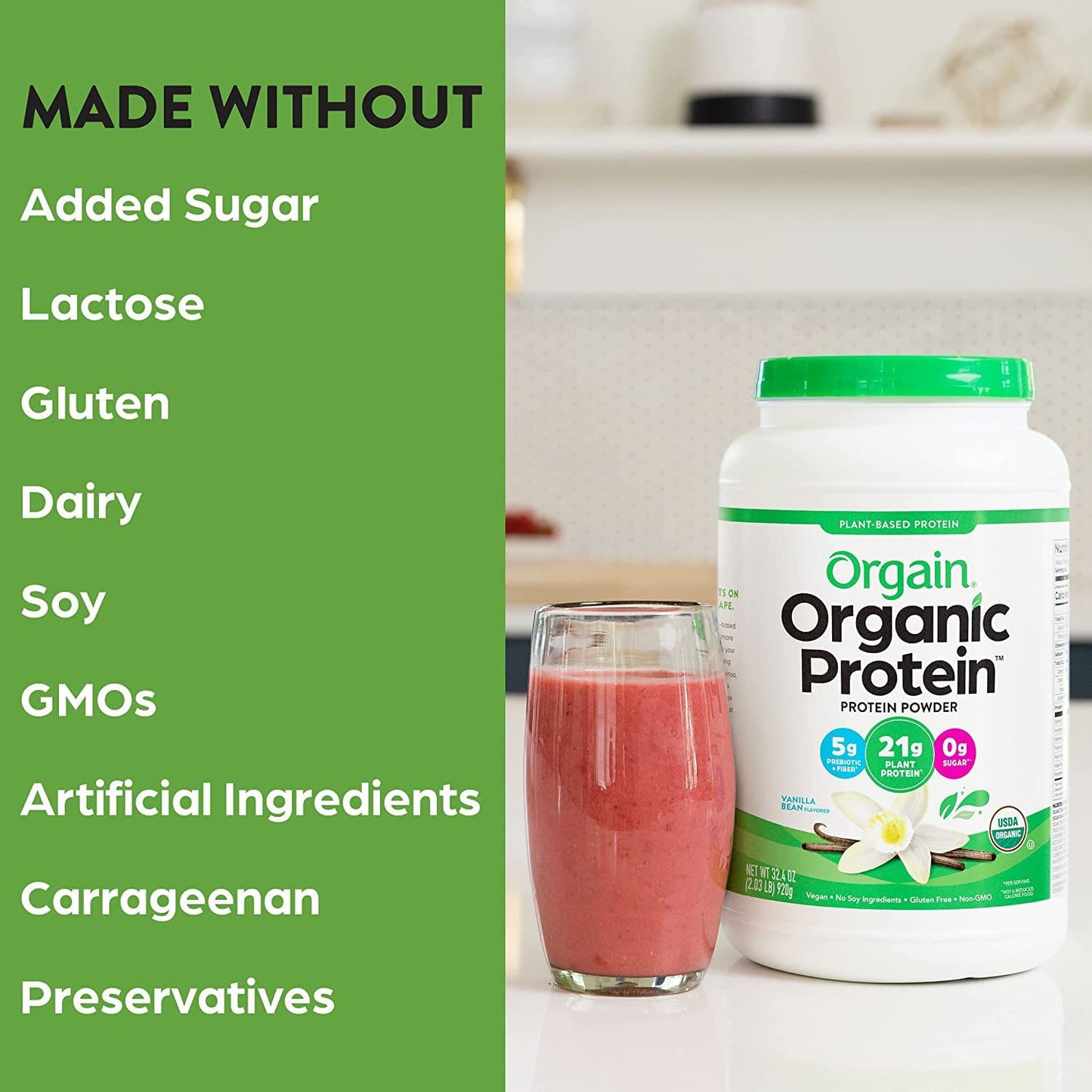 Orgain Organic Plant Based Protein Powder, Vanilla Bean, 2.74 lb