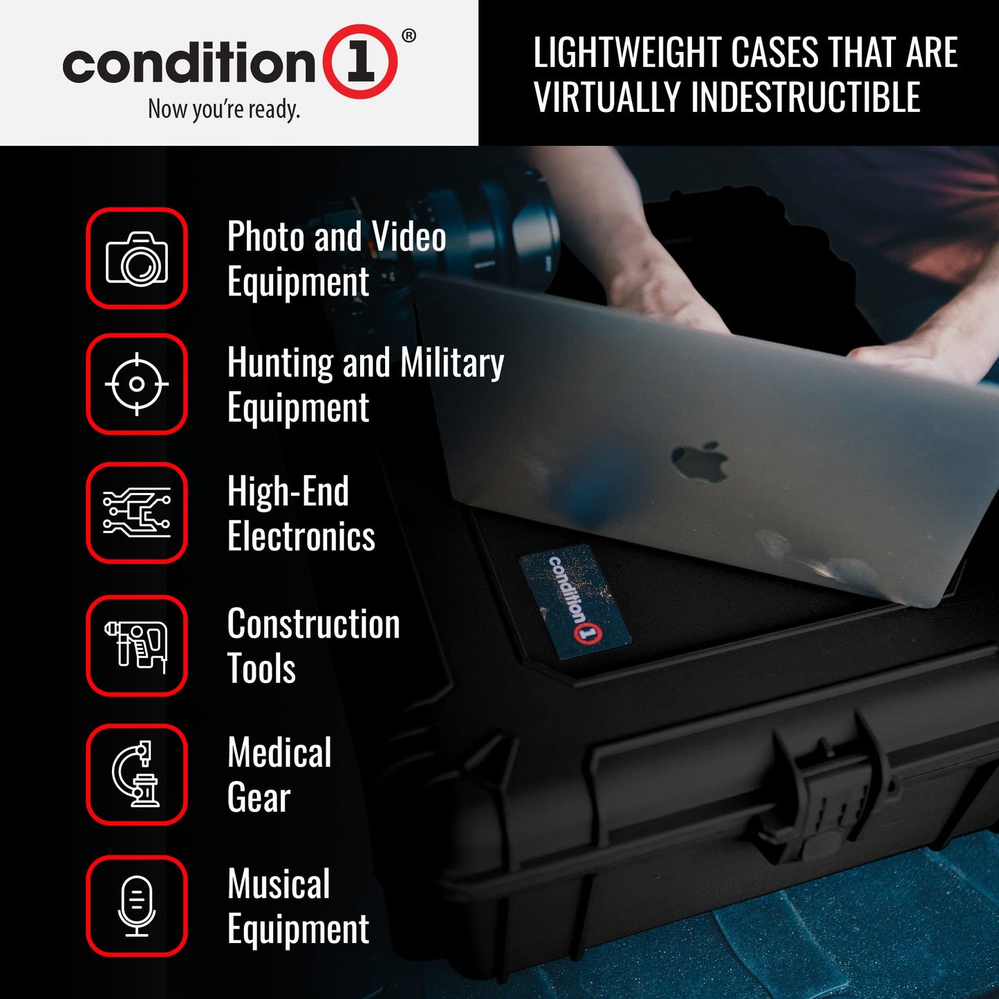 Condition 1 Large Waterproof Hard Travel Case Heavy-Duty Protective Portable Storage Box, Camera, Tool, Hunting, Military Tactical Watertight Cases, 25" x 20" x 8"#839 Black