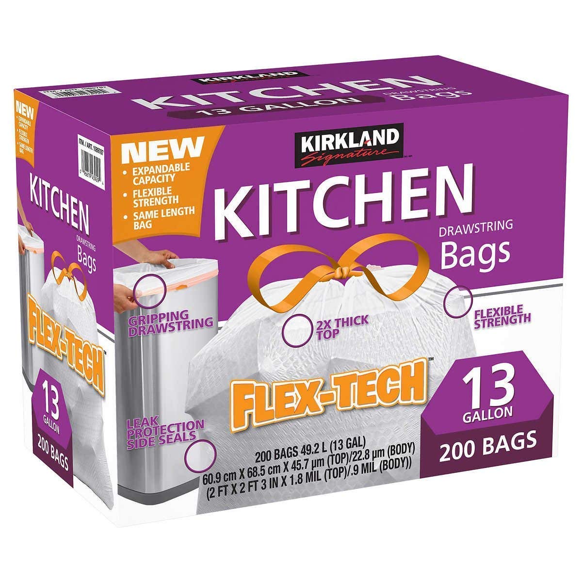 Kirkland Signature Drawstring Kitchen Trash Bags - 13 Gallon - 200 Count (.3 Pack)