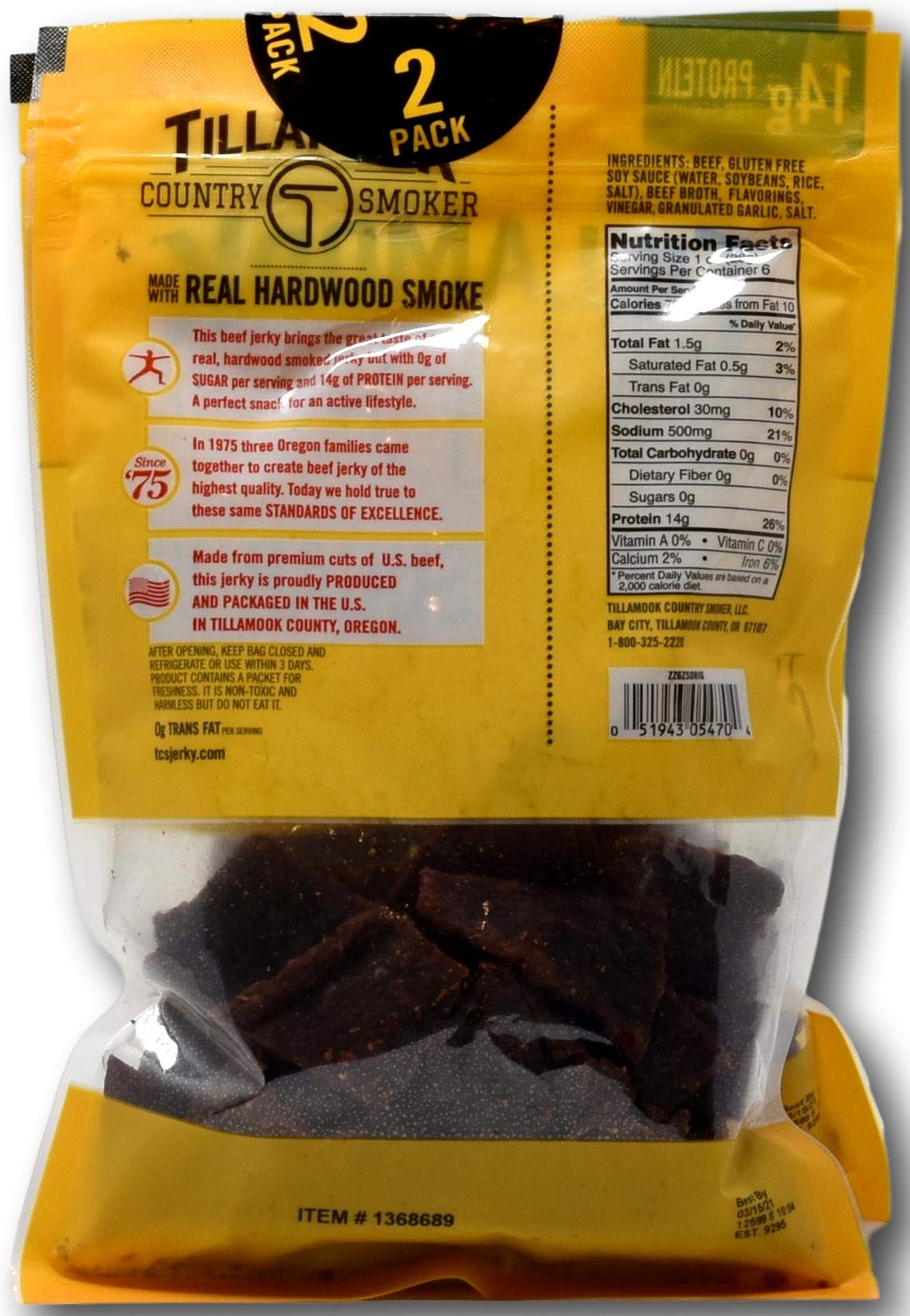 TillaMook Original Beef Jerky Country Smoker Zero Sugar 14 GR Protein Zero Carb Gluten Free No MSG (12 OZ ( 2 pack of 6 OZ))