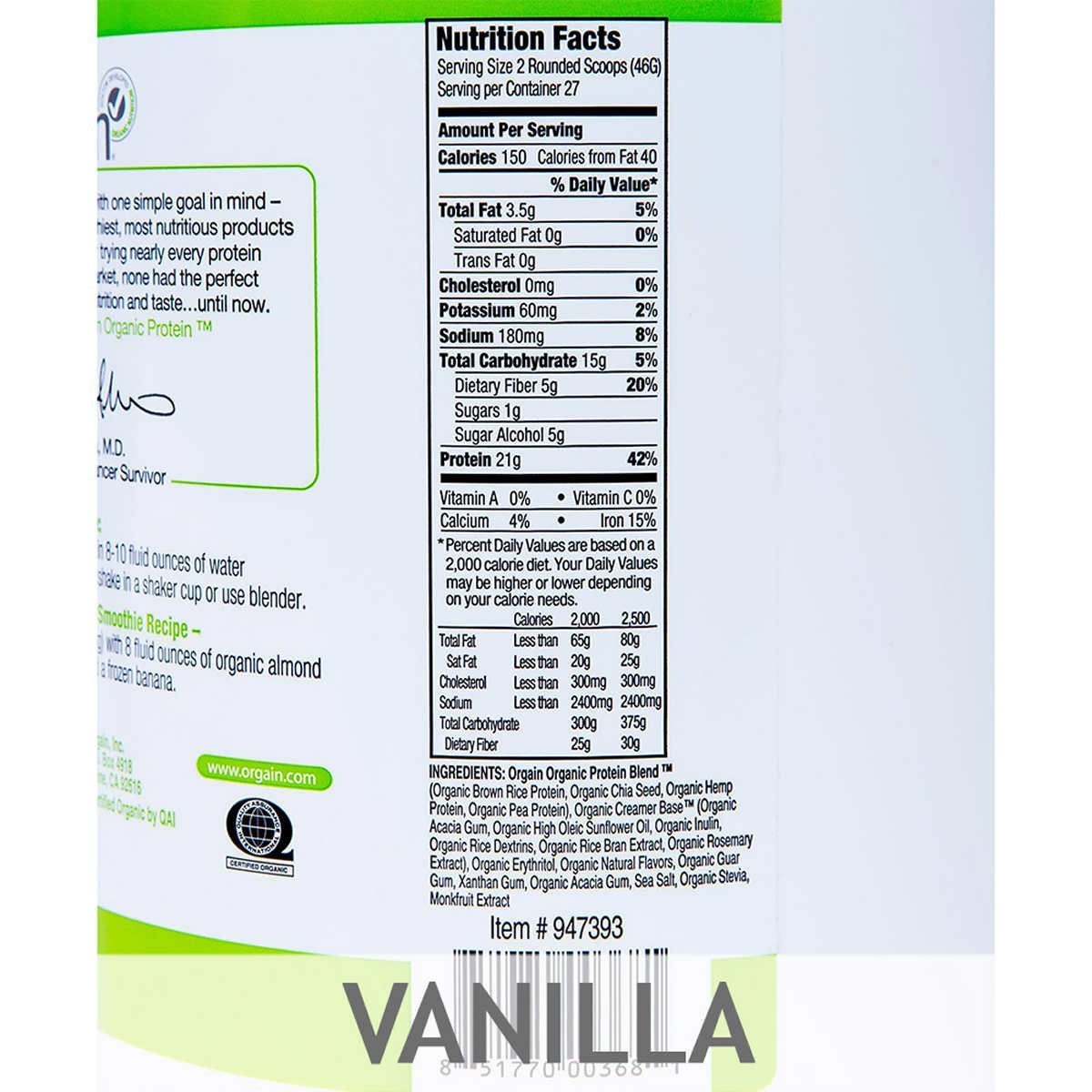 Orgain Organic Plant Based Protein Powder, Vegan, Non-GMO, Gluten Free, 1 Count, Packaging May Vary (Vanilla Bean, 2.74 Pound)