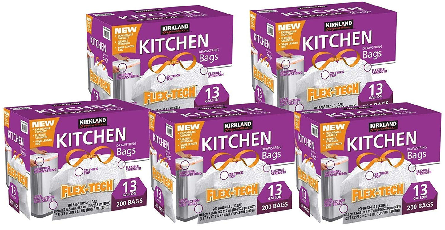 Kirkland Signature Drawstring Kitchen Trash Bags - 13 Gallon - 200 Count (5 Cases of 200)