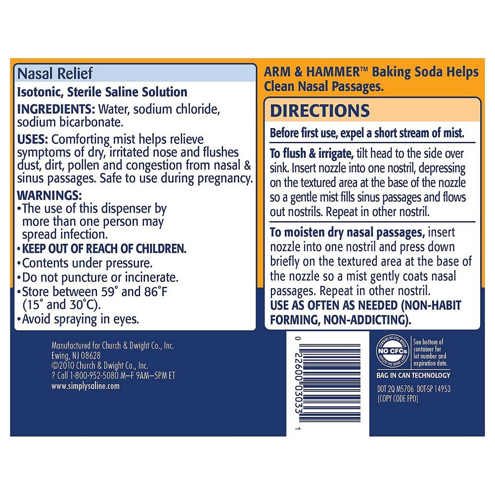 Arm & Hammer Simply Saline Nasal Mist Giant Size: 4.25 Fl Oz (Pack of 6)
